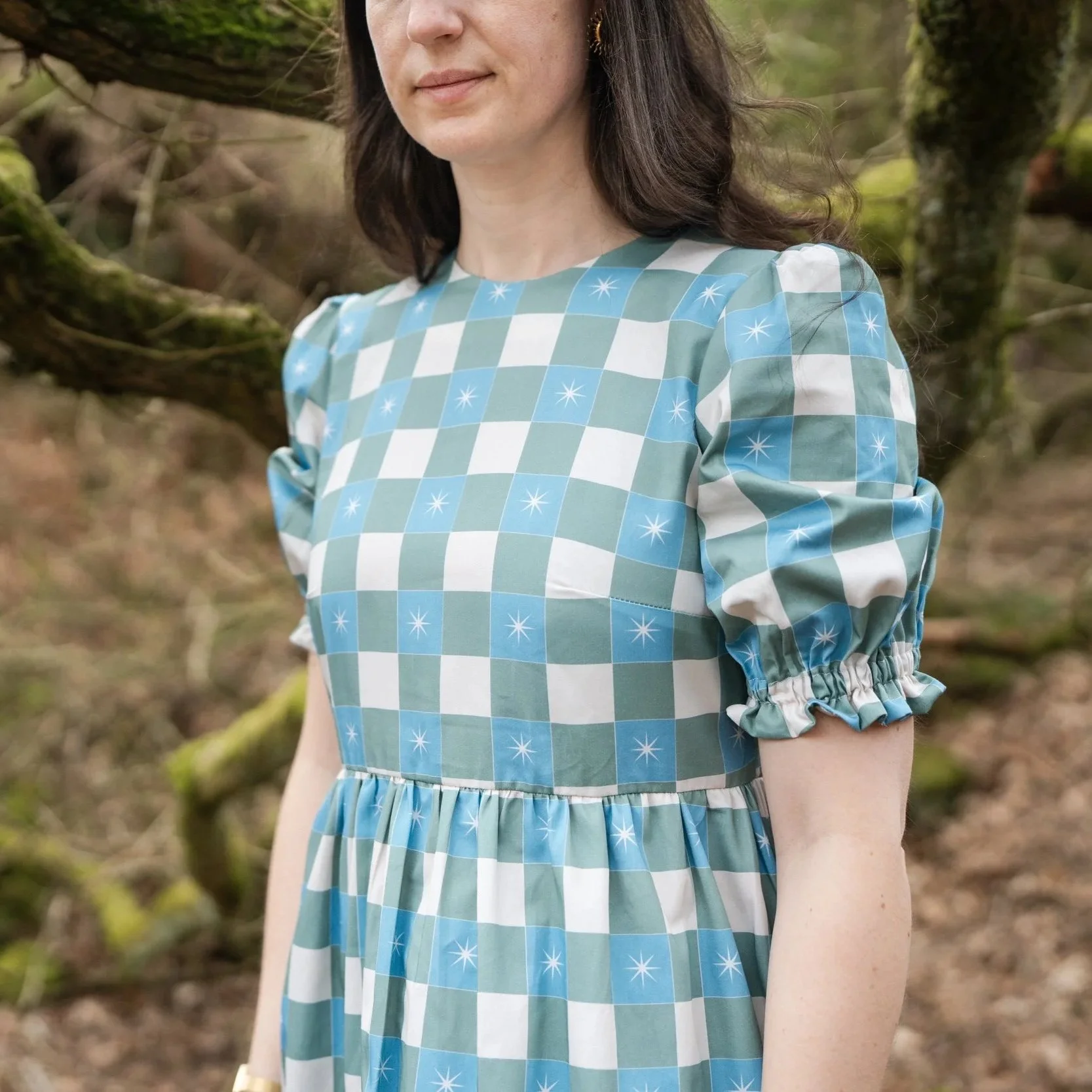 Green Checked Star Print Midi Dress