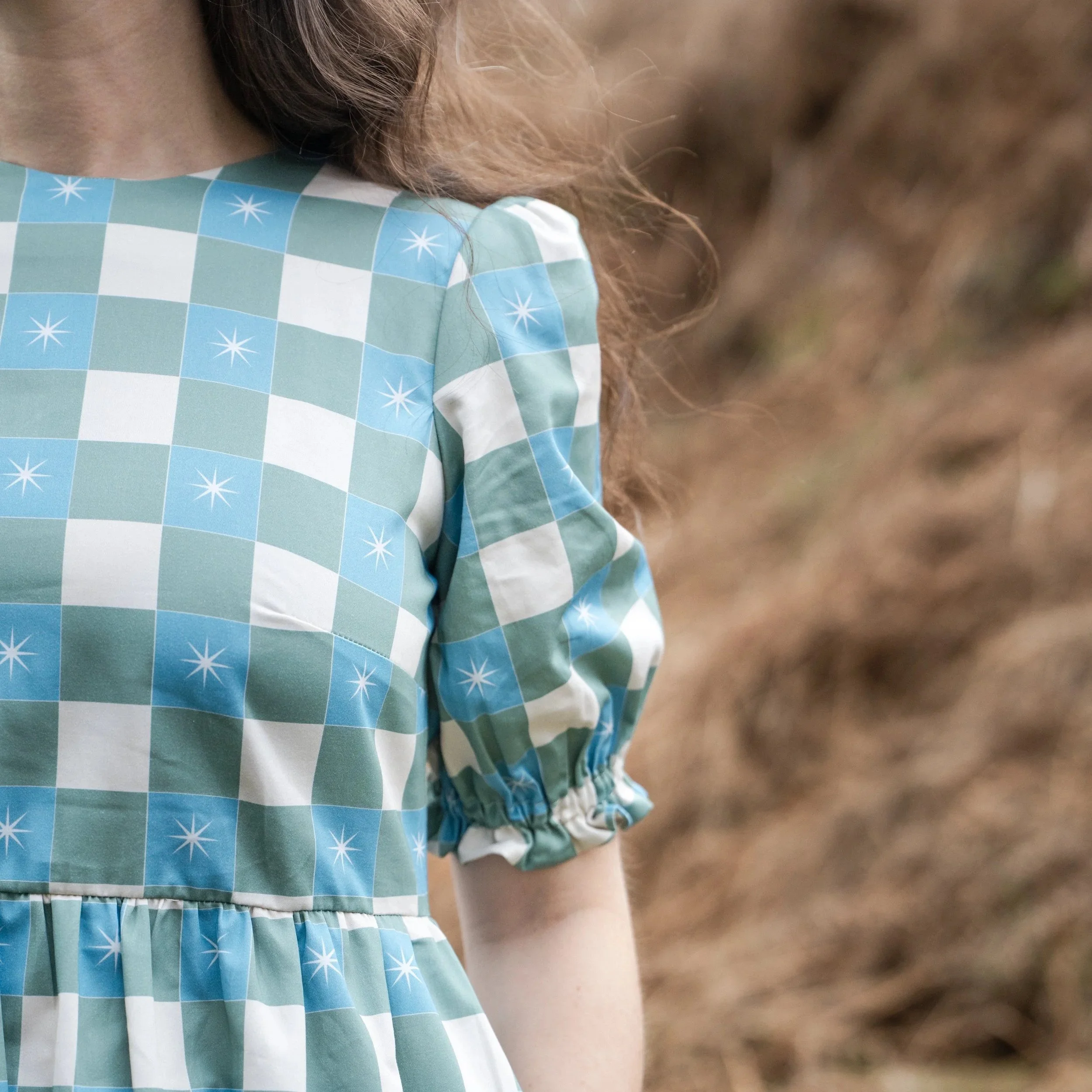 Green Checked Star Print Midi Dress