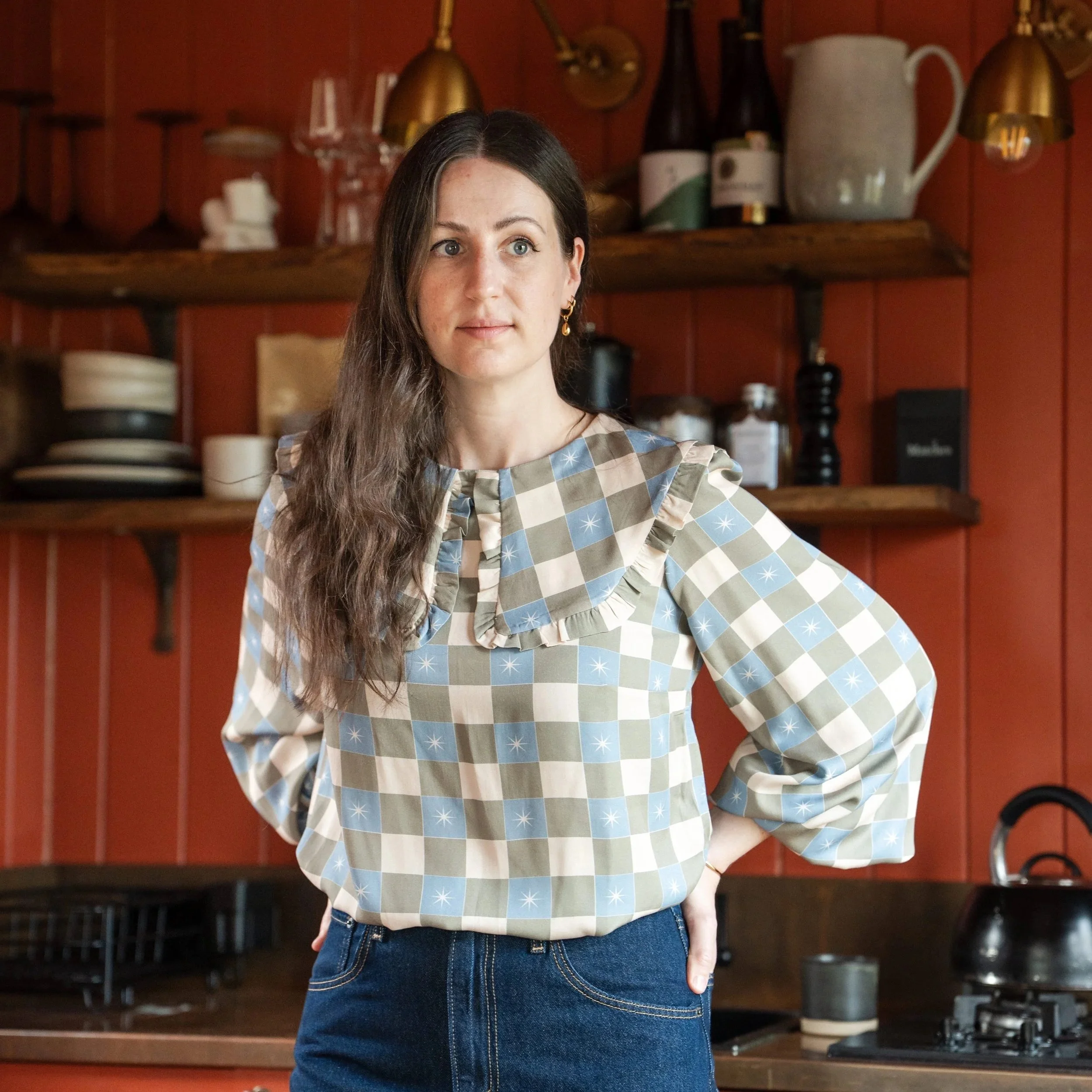 Green Check Star Print Blouse