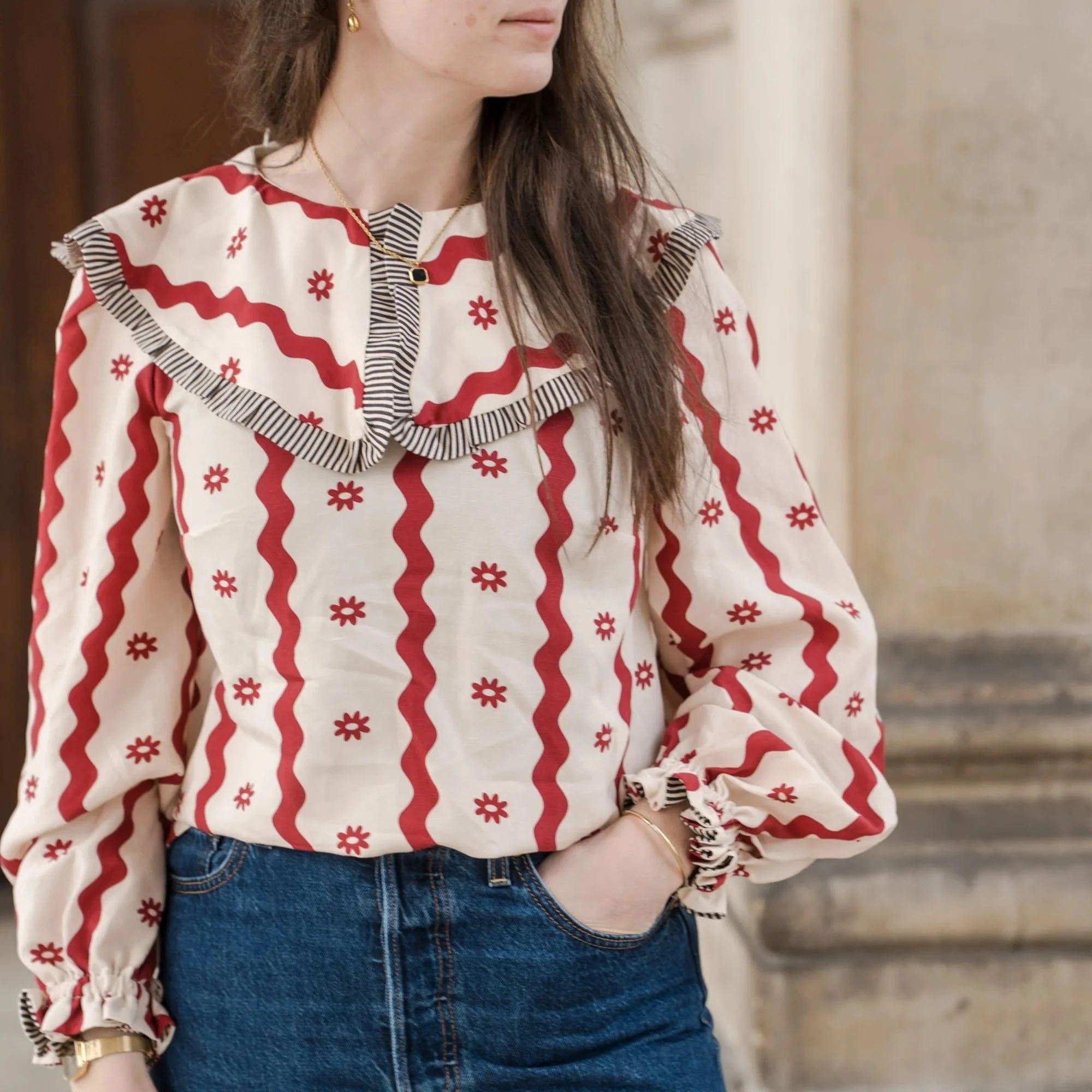 Retro Floral Tencel Oversized Frill Collar Blouse, sustainable slow fashion, inclusive sizes.