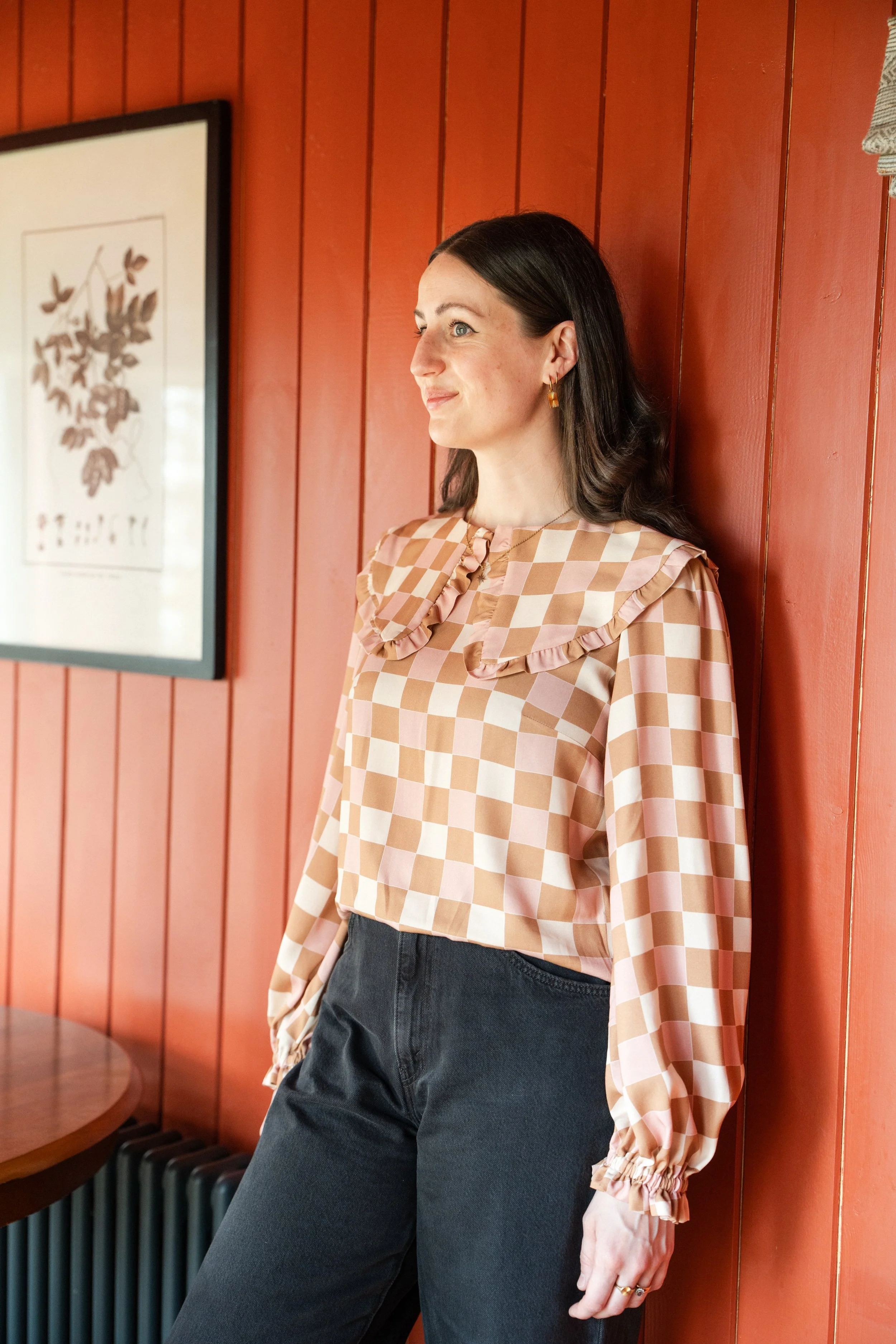 Pink Battenberg Checked Frill Collared Blouse