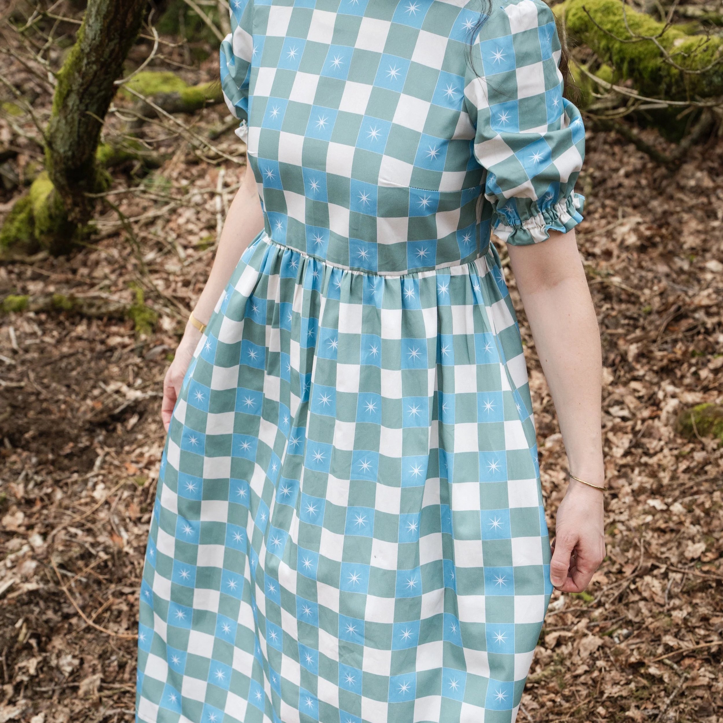 Green Checked Star Print Midi Dress