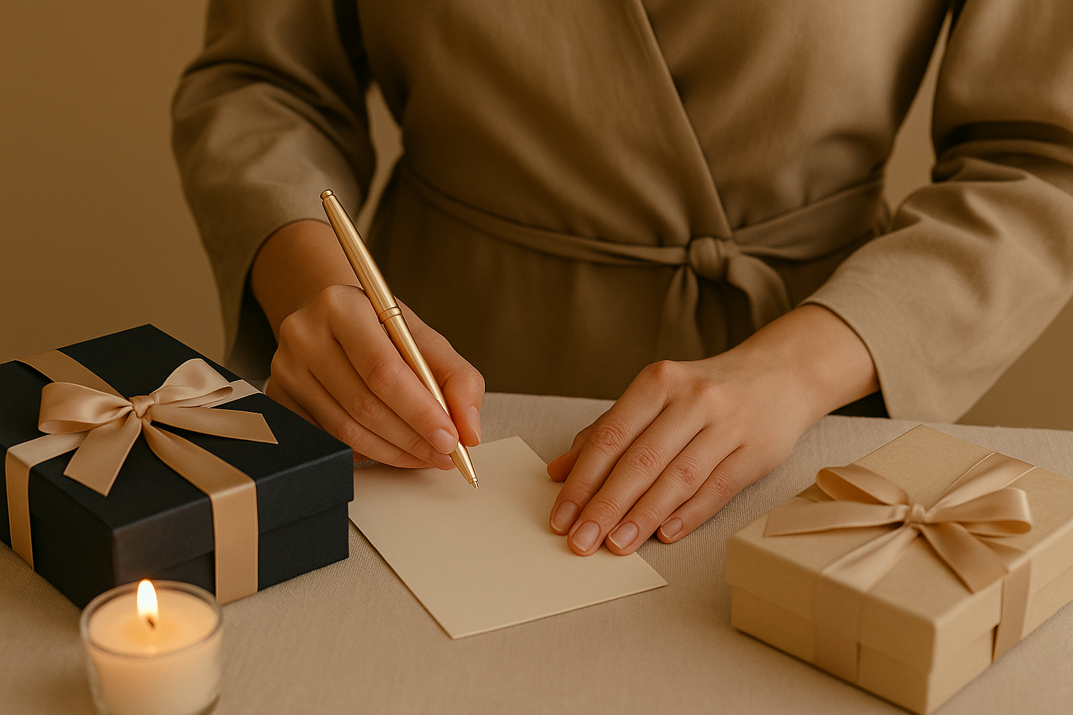 Person writing a greeting card at a table with wrapped gift boxes, a lit candle, and neutral-colored background.