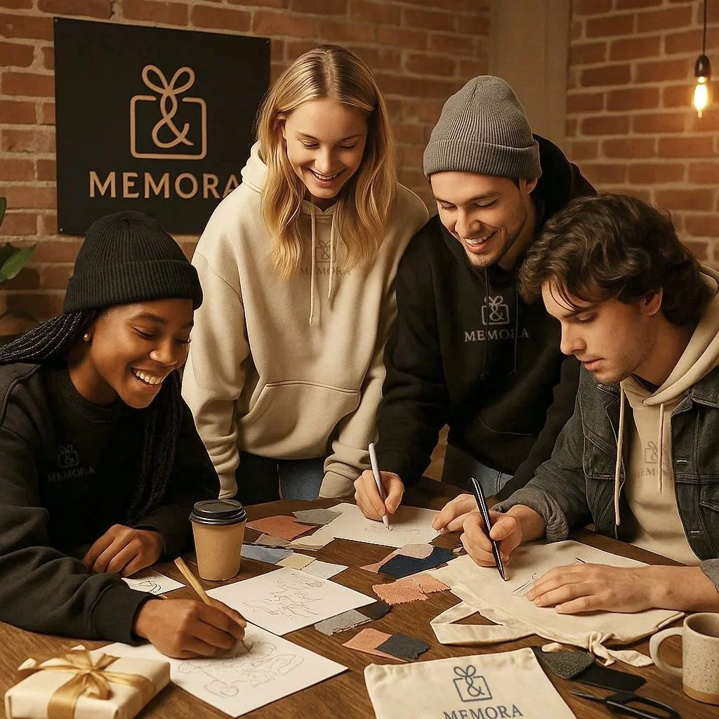 Group of four diverse young adults gathered around a table, looking at fabric samples and sketches, in a cozy indoor setting with brick walls and warm lighting, labeled with a "MEMORA" sign in the background.