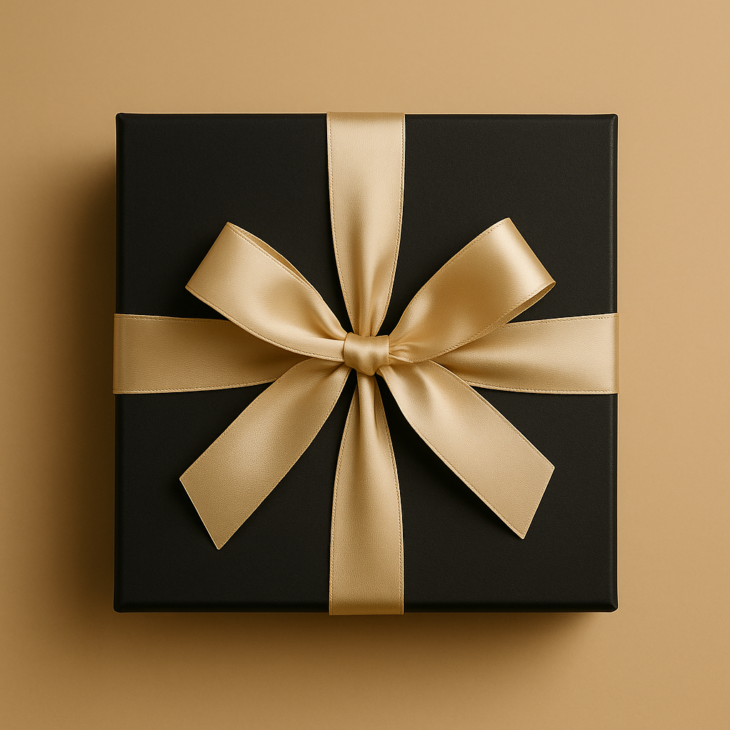 A black gift box wrapped with a gold satin ribbon tied in a bow, placed on a beige background.