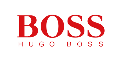 Hugo Boss logo with the word BOSS in large red letters and Hugo Boss below in smaller red text