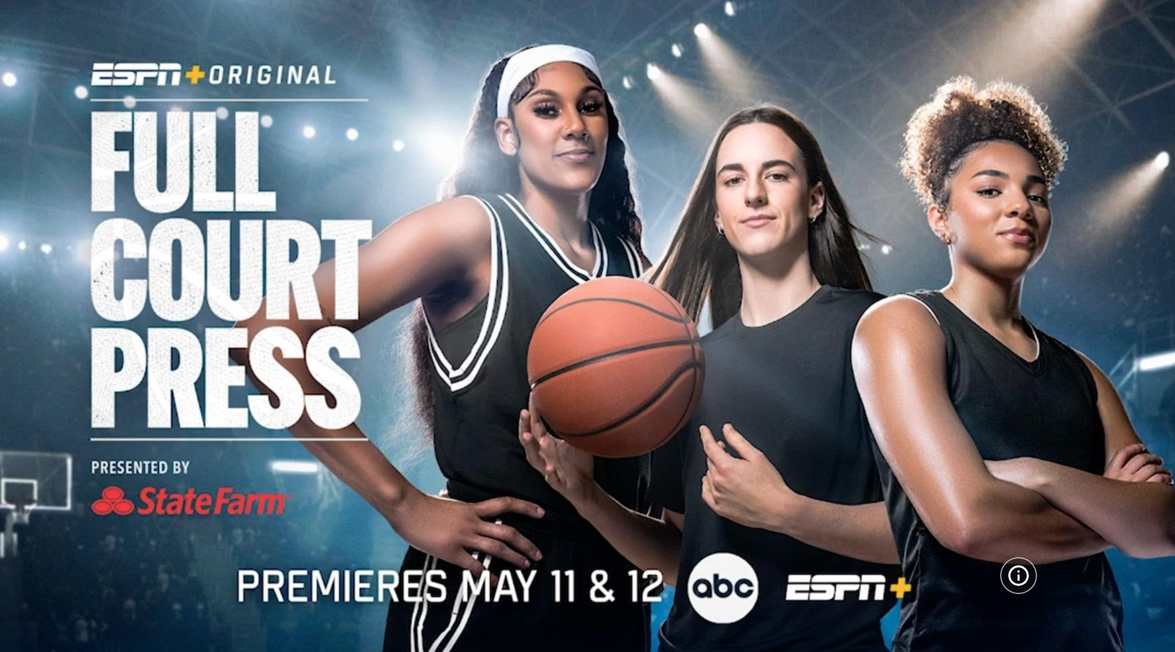 Three female basketball players in black uniforms posing on an indoor basketball court with bright lights, with the text "Full Court Press" and logos of ESPN, abc, and State Farm, announcing the show premieres on May 11 and 12.