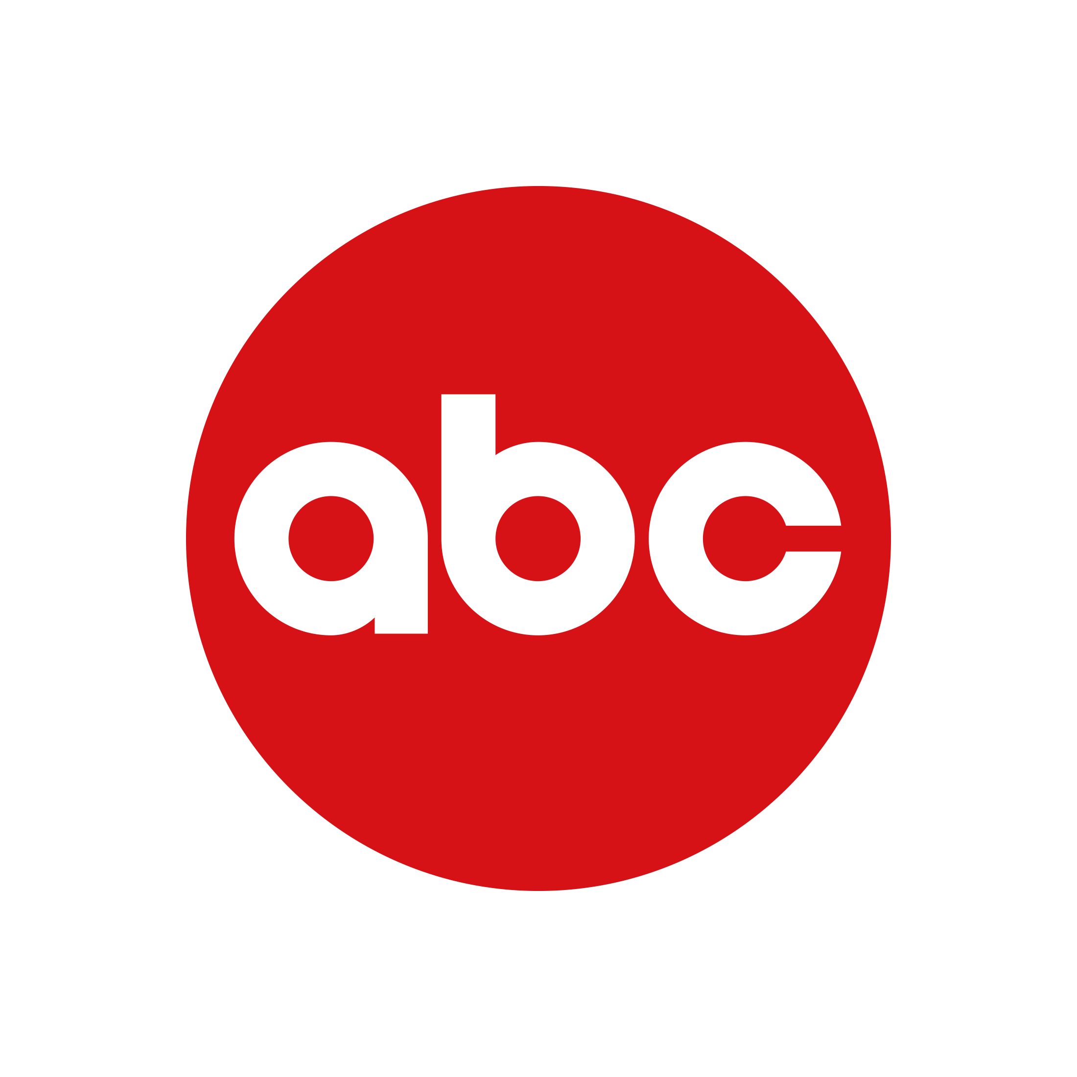 ABC television network logo with black background, red circle, and lowercase black letters abc inside the circle.