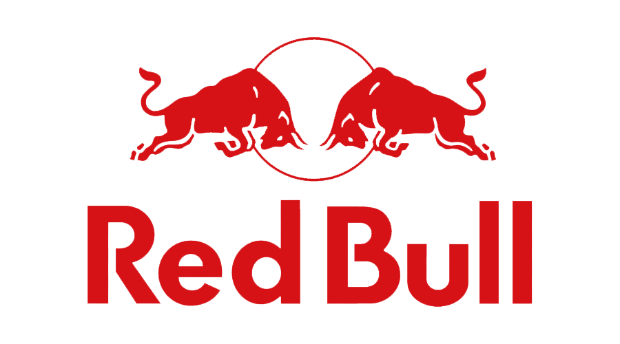 Red Bull logo featuring two red bulls facing each other with a circular symbol between them and the words 'Red Bull' below in red text.
