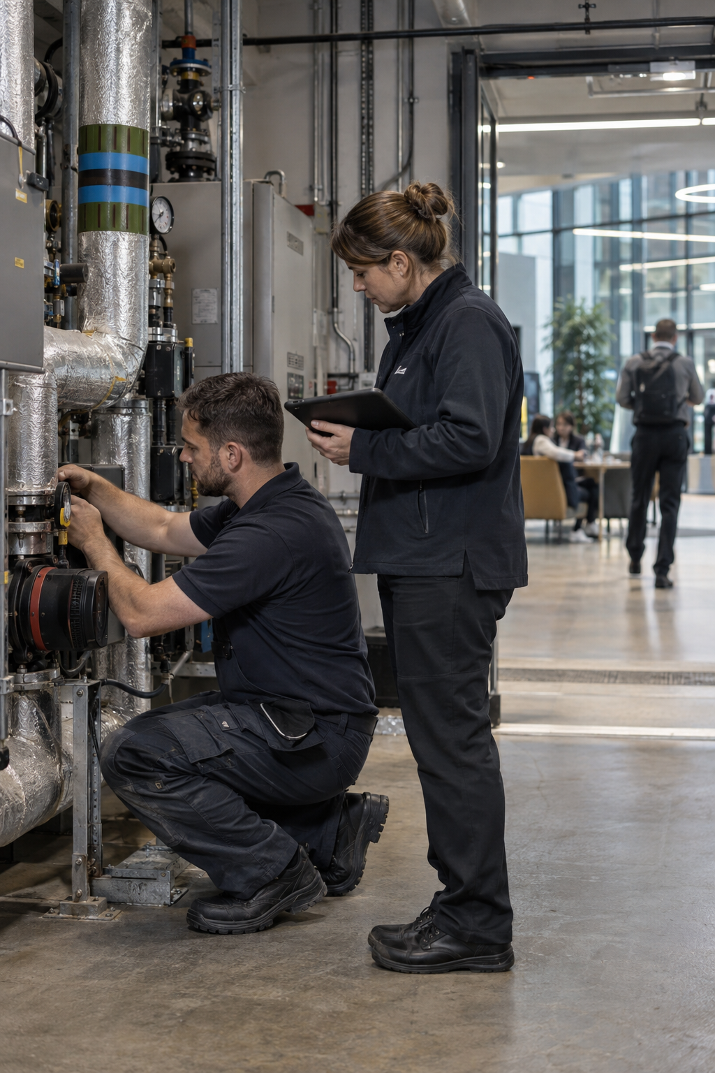 Two maintenance workers inspecting and adjusting industrial machinery in a modern office. The man is kneeling and the woman is standing, taking notes.