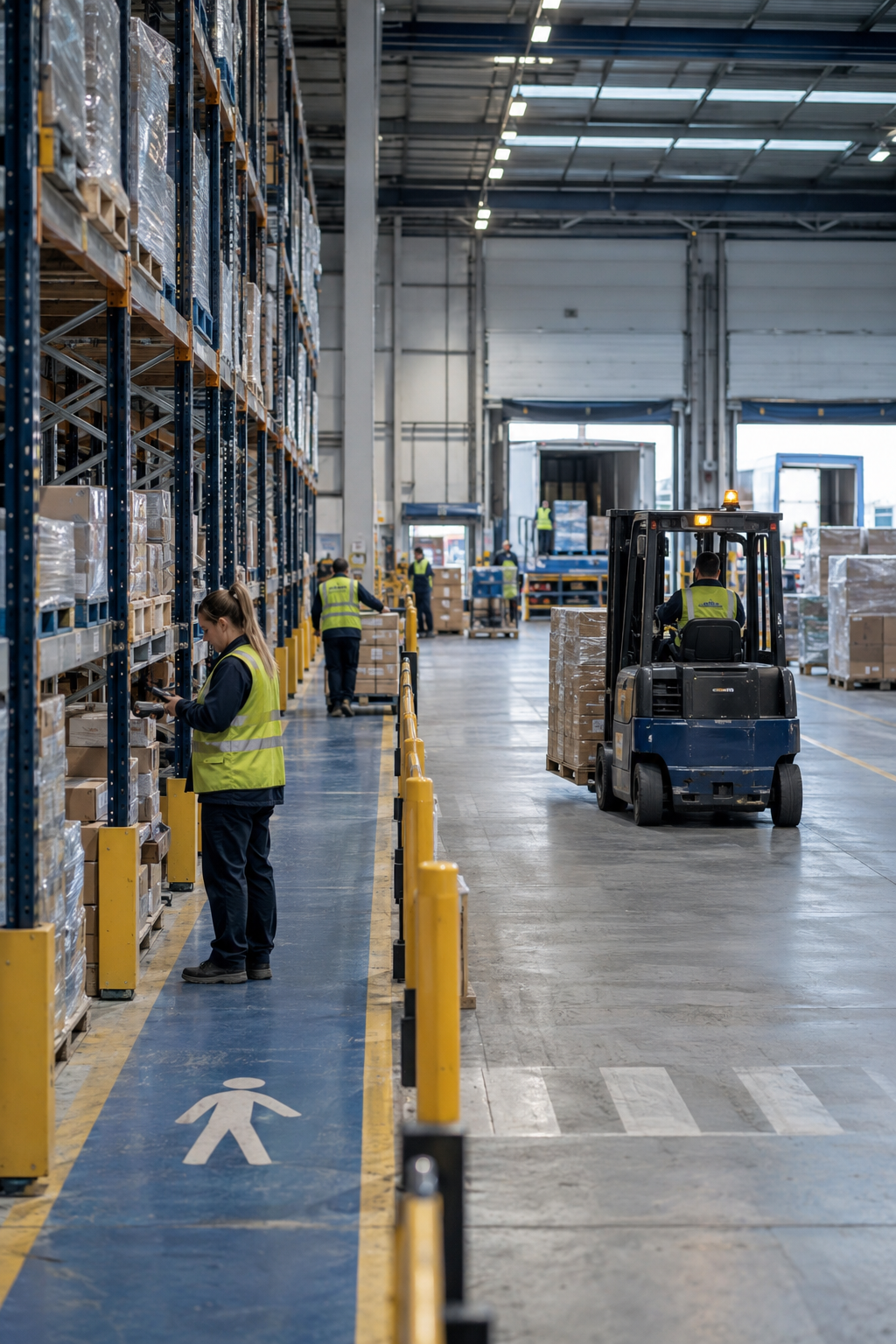 Warehouse employees in safety vests working with shelves and forklift in large storage facility.