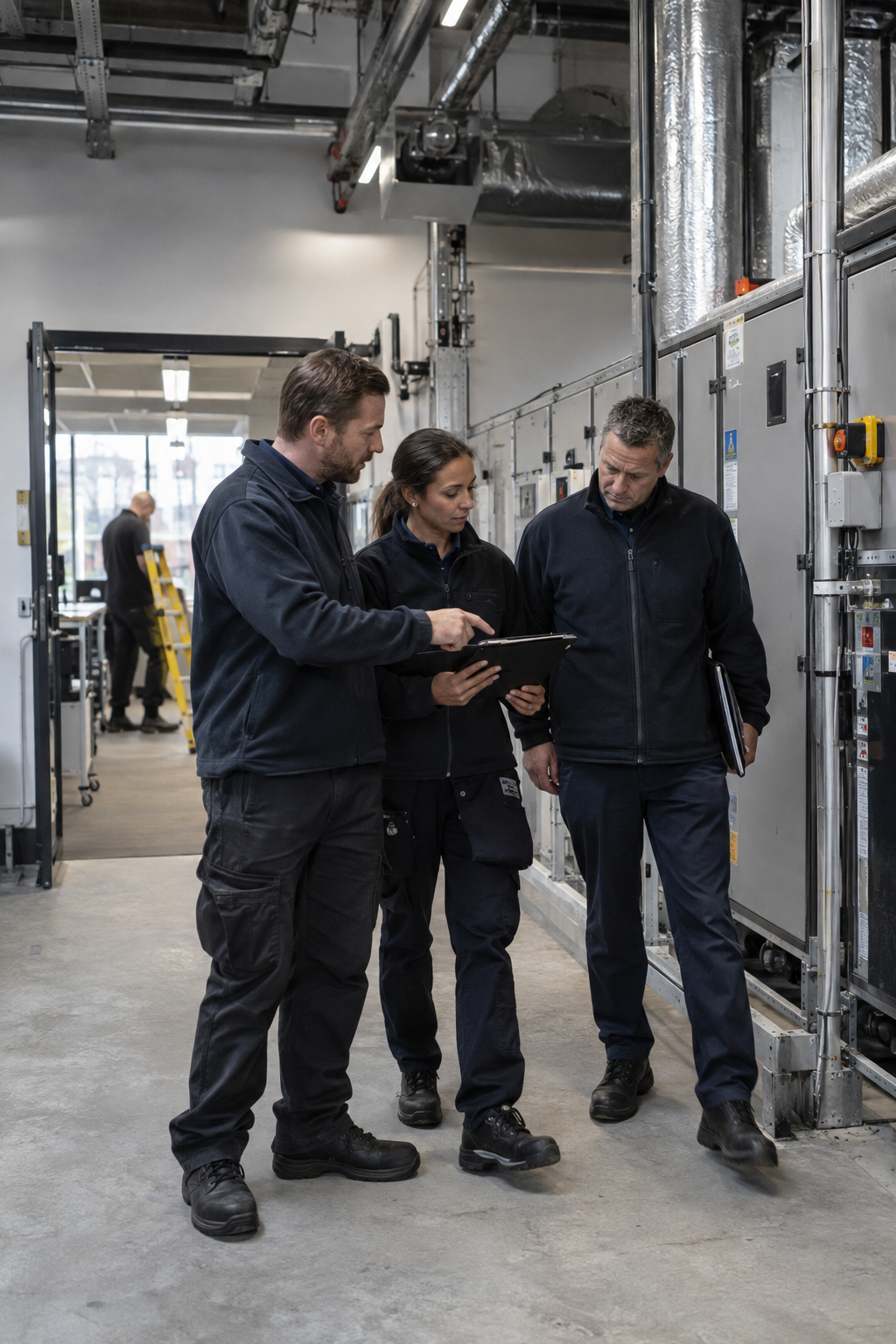 Three technicians in black uniforms standing together in an industrial facility, discussing something on a tablet, with machinery and another worker in the background.