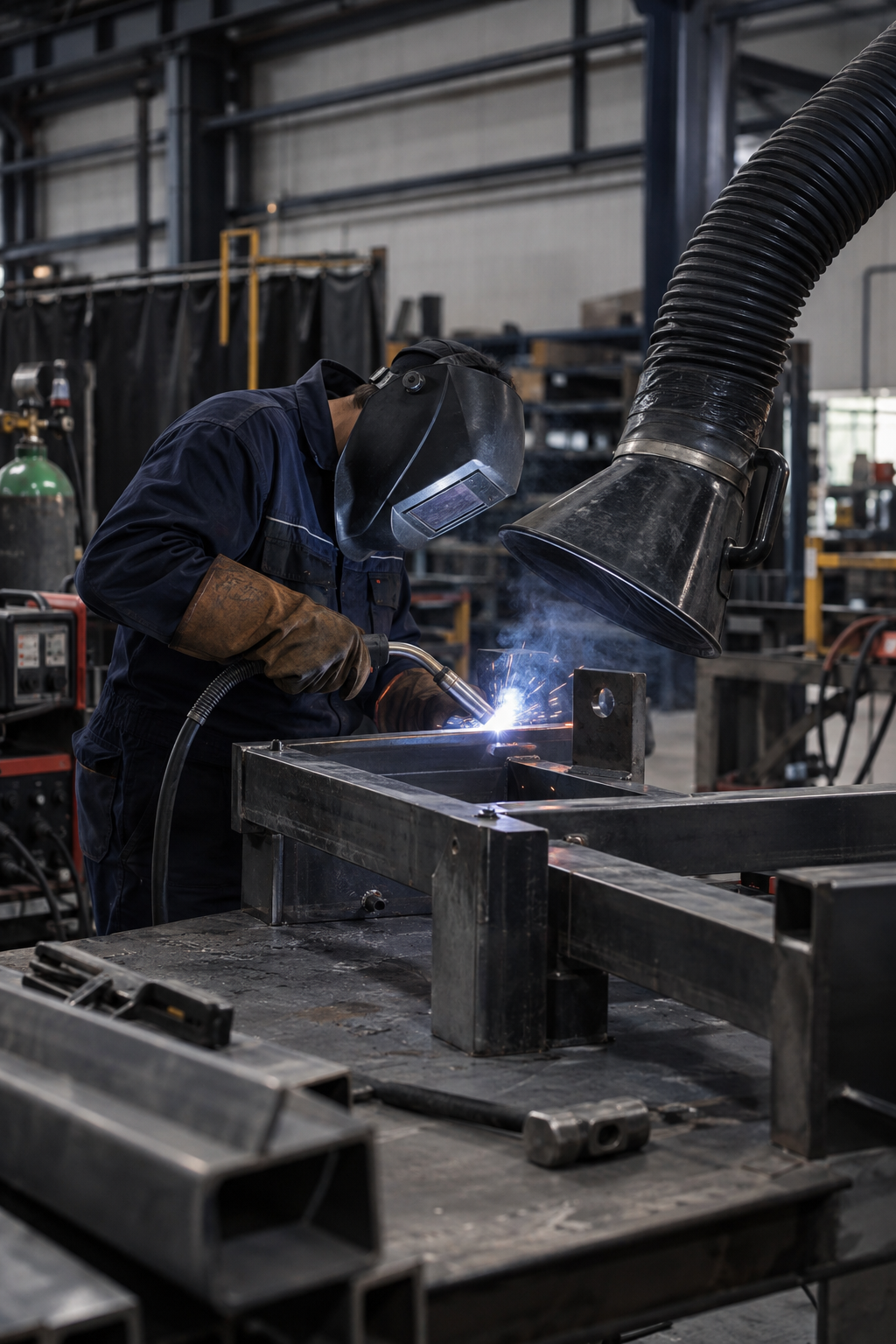 A worker welding metal in an industrial workshop, wearing a welding helmet and gloves, with welding fumes and equipment visible.