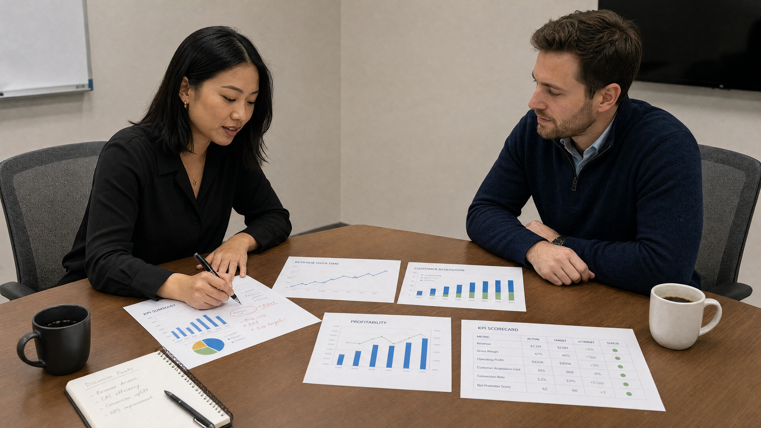 Two professionals, a woman and a man, are sitting at a table reviewing documents with graphs and charts related to business performance, including revenue and KPI summaries, in a conference room.