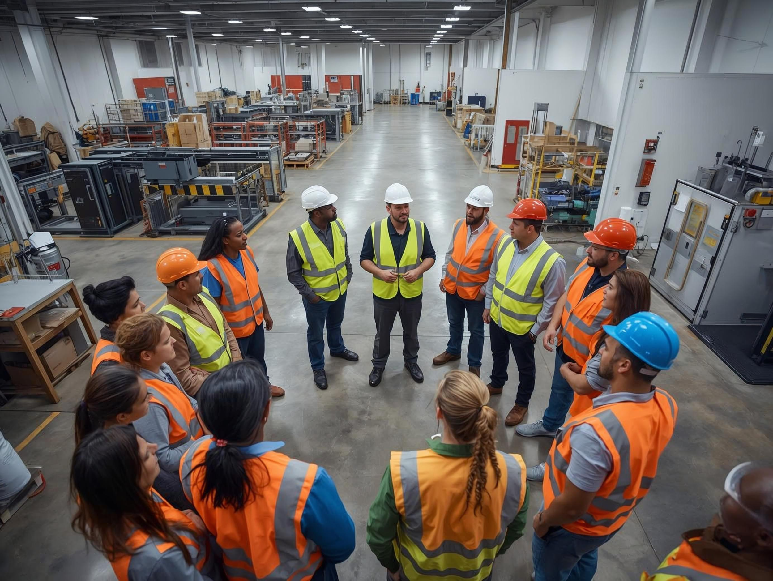 Manufacturing team participating in a safety briefing to support culture improvement