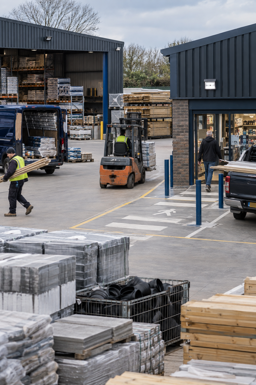 Workers unloading supplies from a van and forklift at an outdoor warehouse, with stacks of materials and a small store nearby.