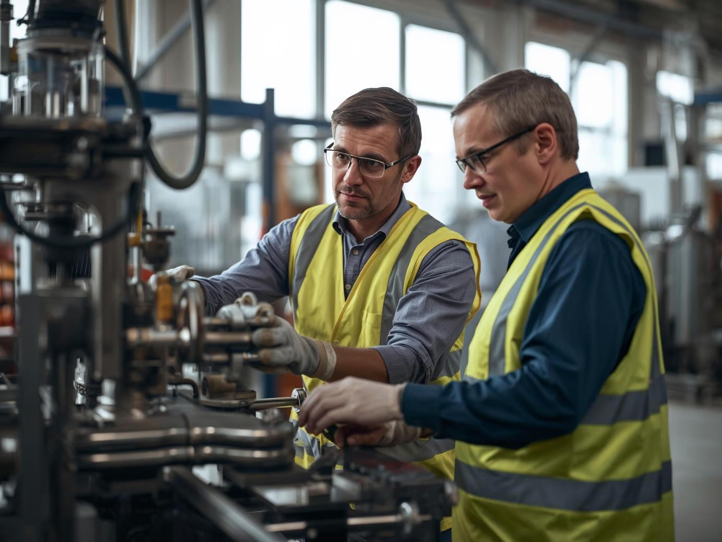 Supervisor coaching employee on the shopfloor to improve manufacturing competence