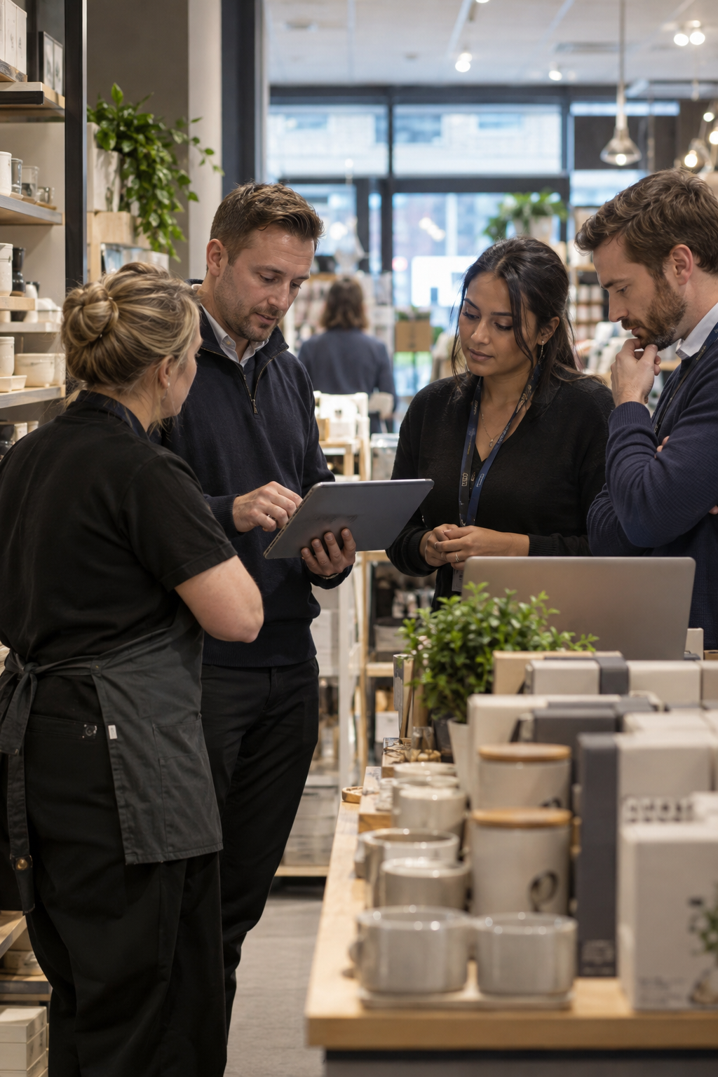 Four people in a store or showroom, engaged in conversation, with shelves stocked with ceramics and kitchenware in the background.