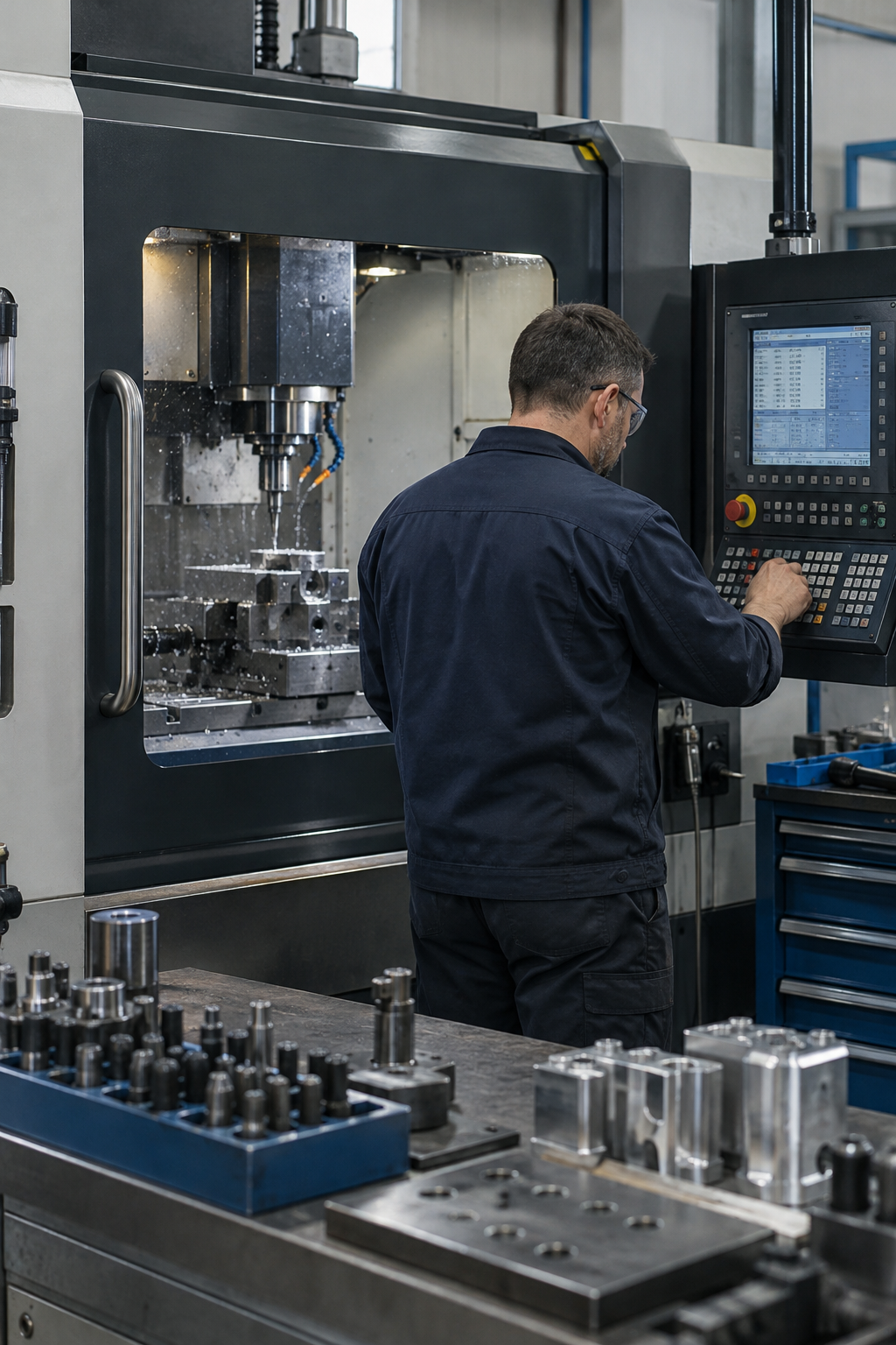 A man in a dark blue shirt operating a CNC machine in an industrial workshop.