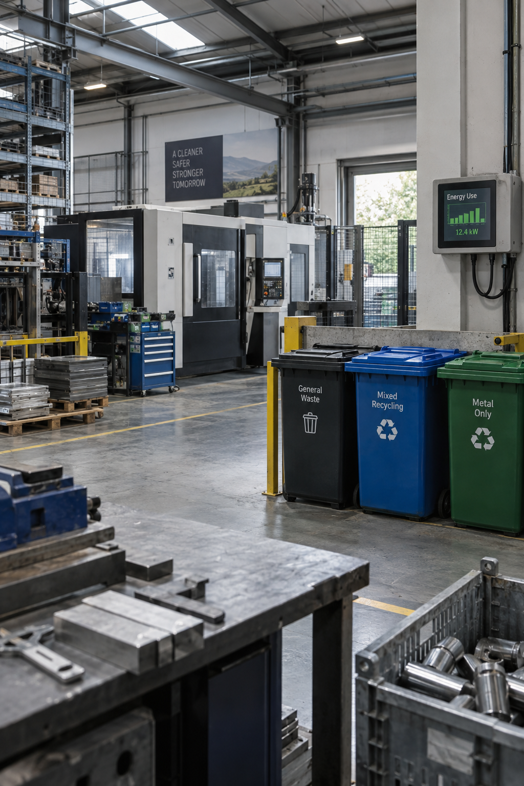 Industrial manufacturing facility with machinery, recycling bins labeled for general waste, mixed recycling, and metal only, and a digital display showing energy use at 12.4 kW.