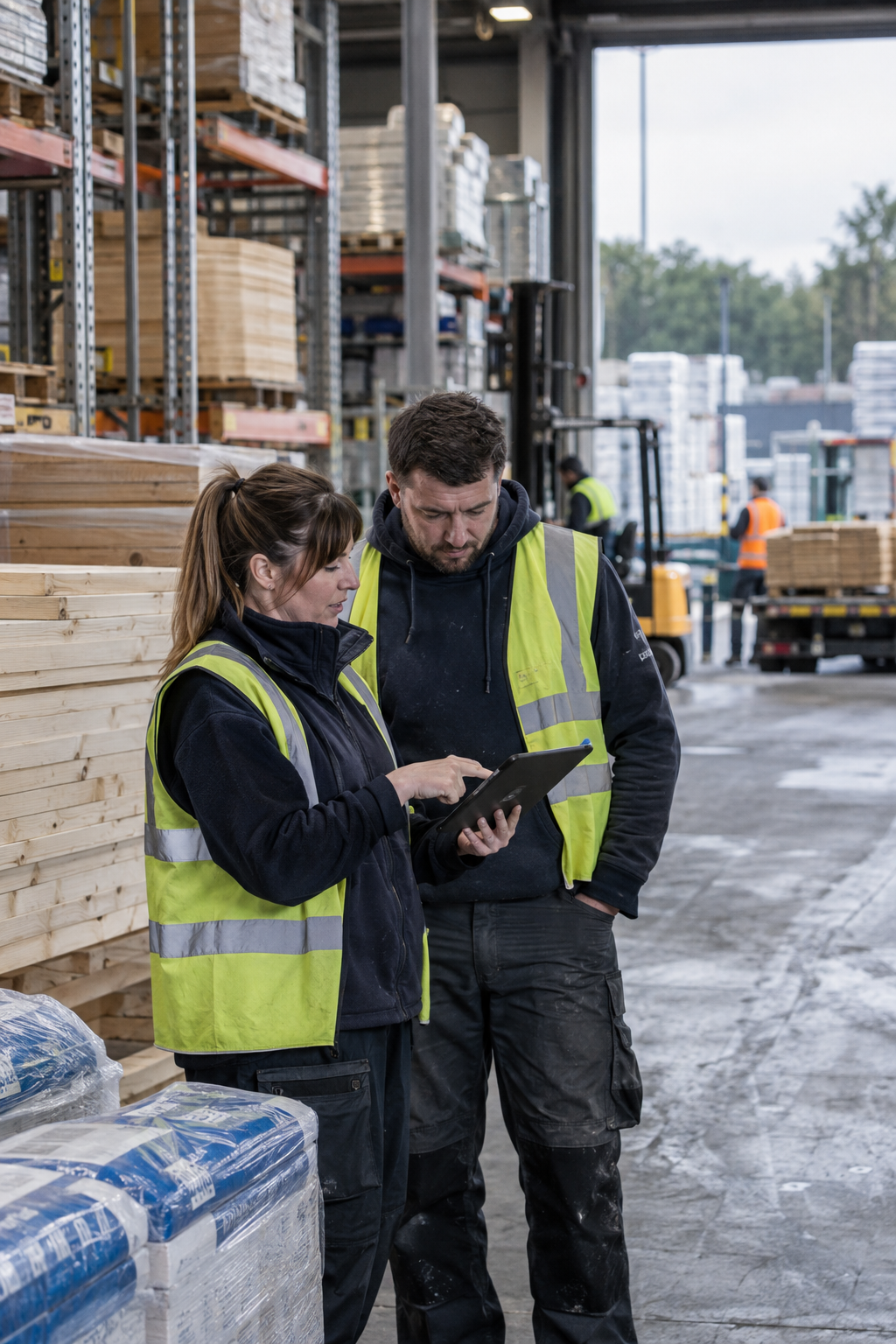 Two warehouse workers, a woman and a man, wearing high-visibility vests, look at a tablet inside a lumber warehouse with stacks of wood and other items in the background.