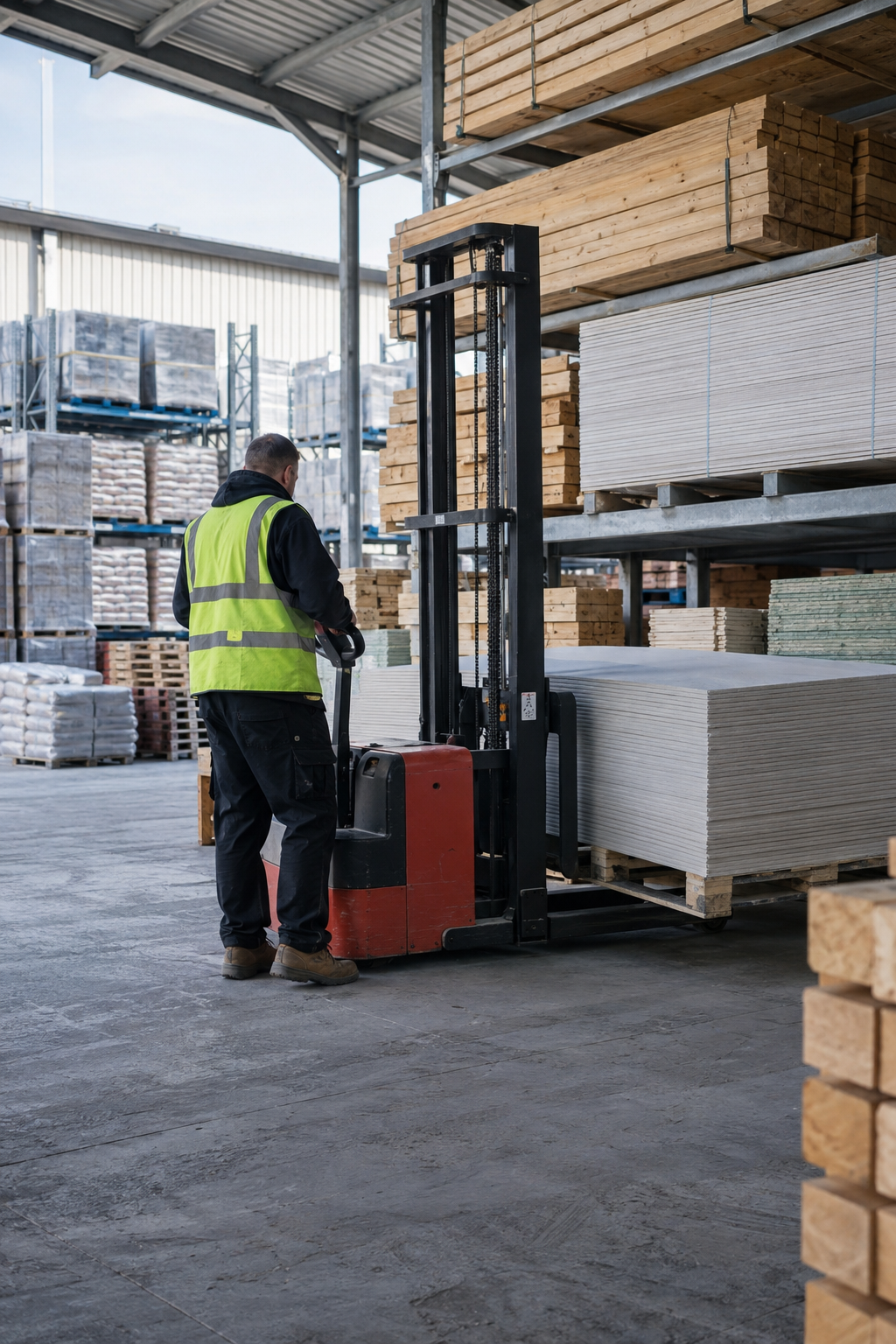 A worker in a high-visibility safety vest operates a forklift in a warehouse storing wood and other building materials.