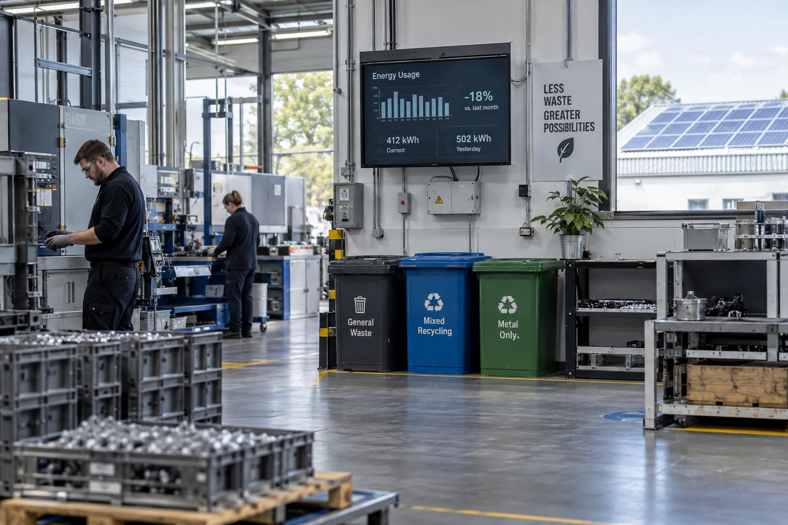 Workers in a manufacturing facility with a digital display showing energy usage statistics, including a -18% change from last month, and waste bins labeled General Waste, Mixed Recycling, and Metal Only.