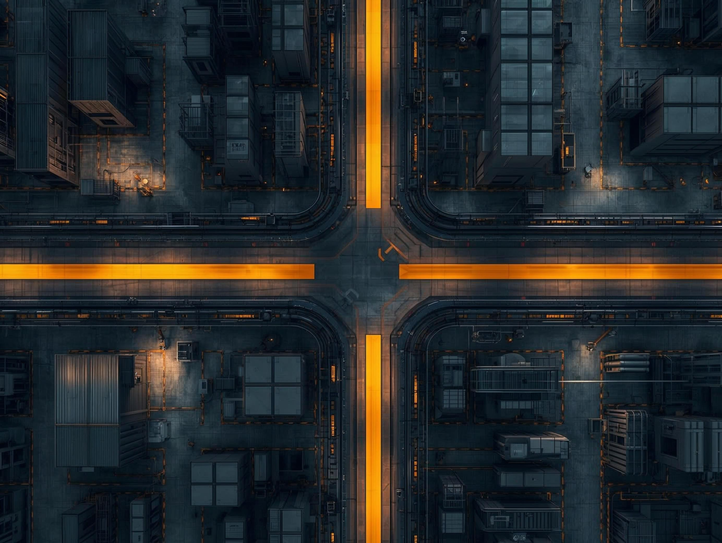 Organised manufacturing layout representing structured compliance and risk management