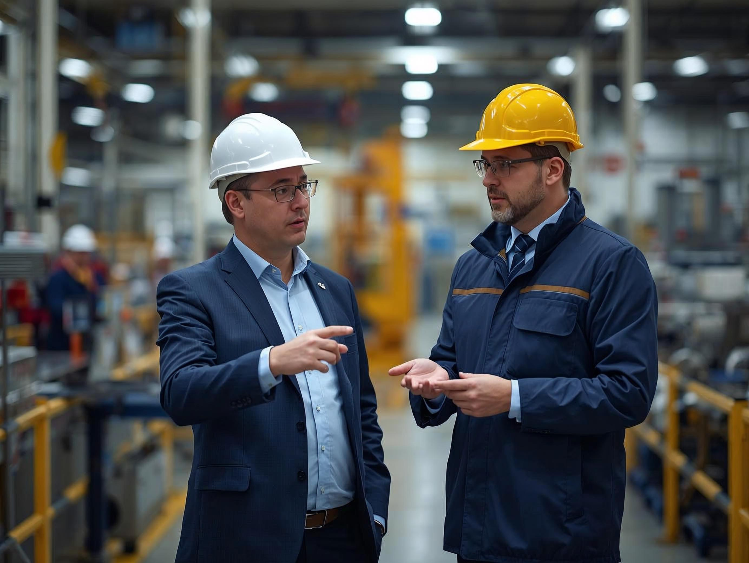 Consultant and manufacturing manager reviewing operations as part of retained QHSE support