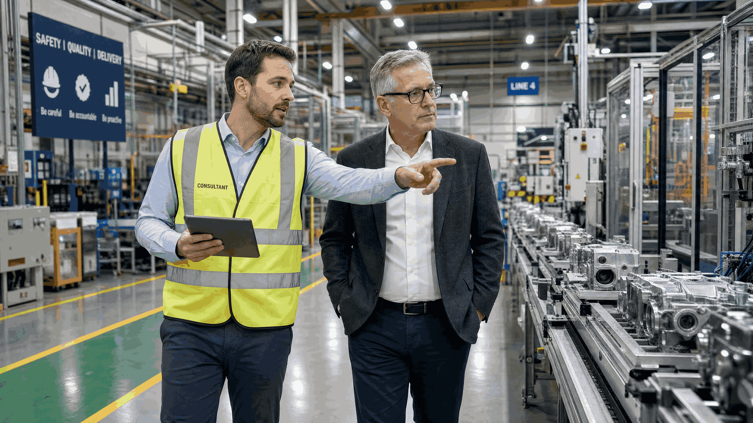 Two men, one wearing a yellow safety vest labeled 'Consultant,' are discussing in a manufacturing or industrial facility with metal machinery and parts around them. One man is holding a tablet and gesturing, while the other listens. There is a sign in the background indicating safety, quality, and delivery principles.