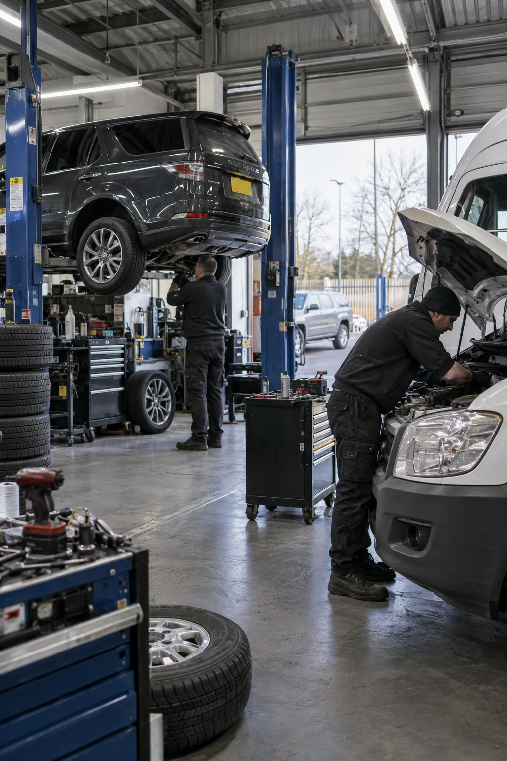 Auto repair shop with two mechanics working on vehicles; one is inspecting a black SUV elevated on a lift, and the other is checking the engine bay of a white van.