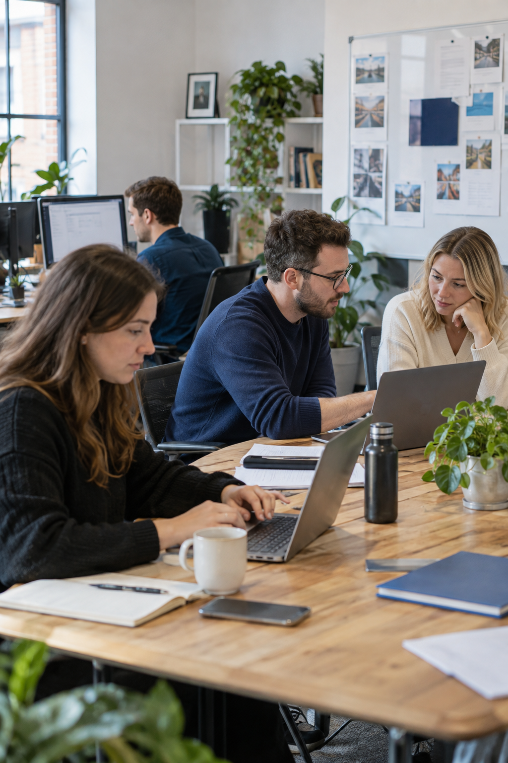 Four young adults working on laptops at a shared office table, with a woman in black, a man in navy, and her in a cream sweater, surrounded by plants and office decor.