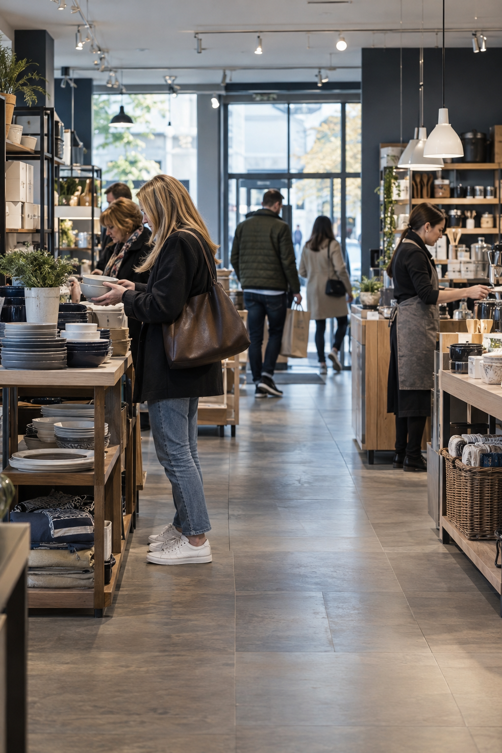 People shopping for kitchenware inside a home goods store with shelves of dishes and kitchen accessories, and large windows letting in natural light.
