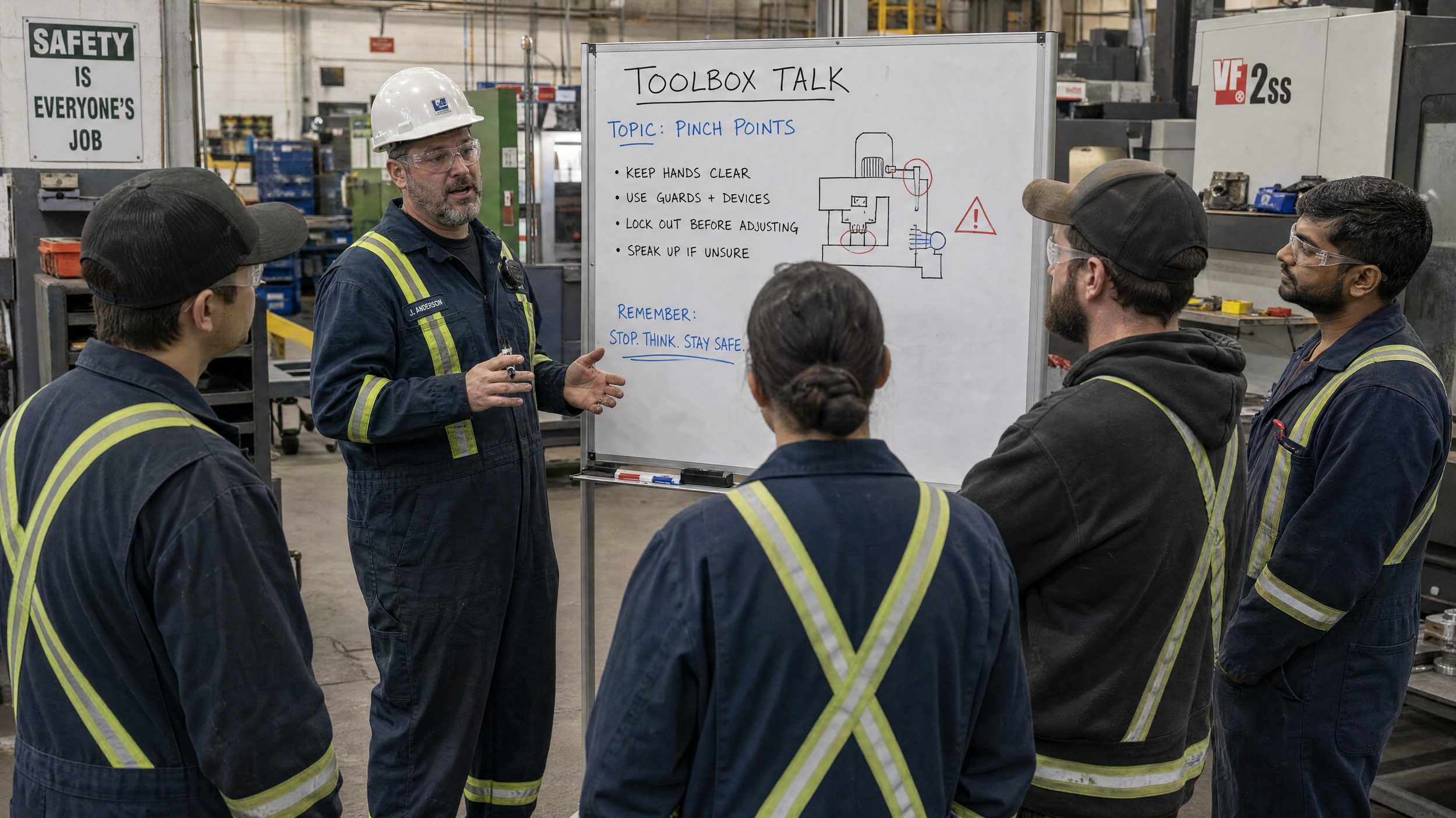 A group of workers in safety gear listening to a man giving a safety presentation in an industrial setting, with a whiteboard displaying safety instructions and a diagram.