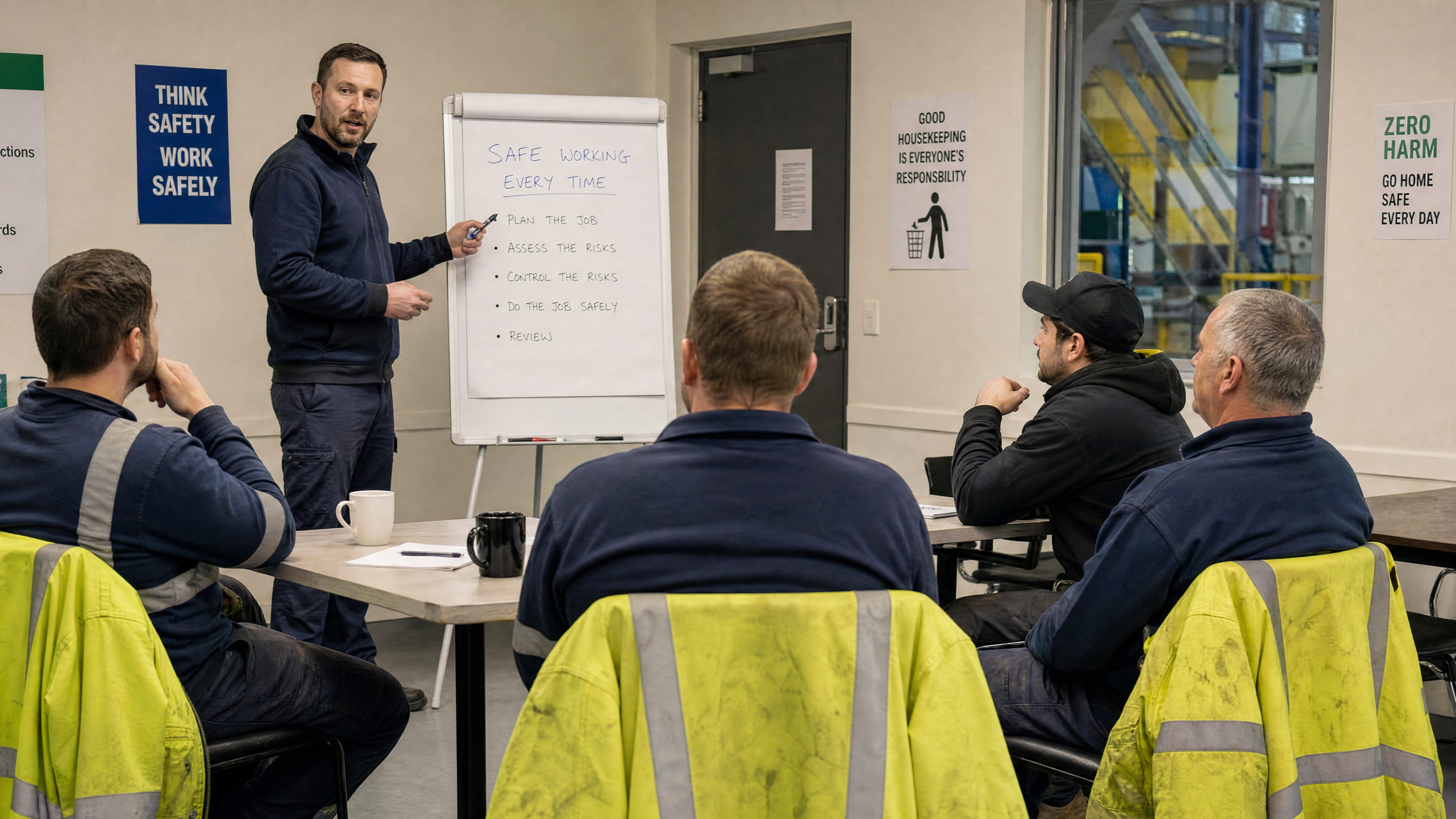 A man standing at a whiteboard giving a safety presentation to four seated men in a workplace meeting room, with safety posters on the walls.