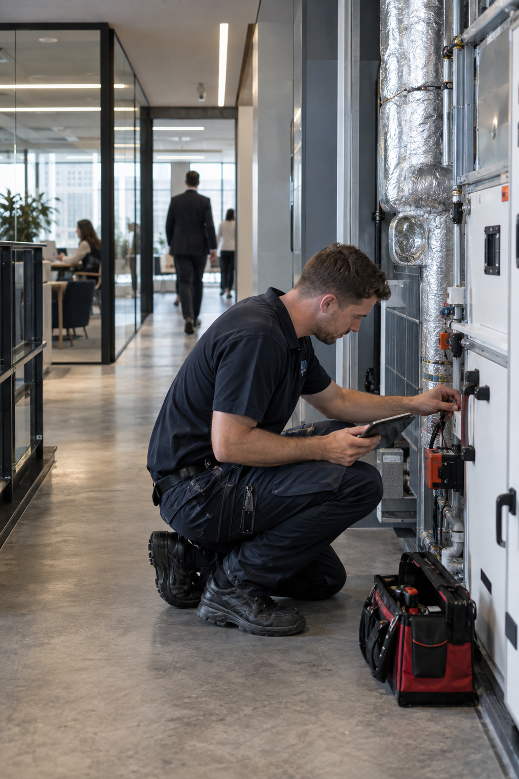 A technician kneeling on the floor, using a wrench on equipment inside an office building.
