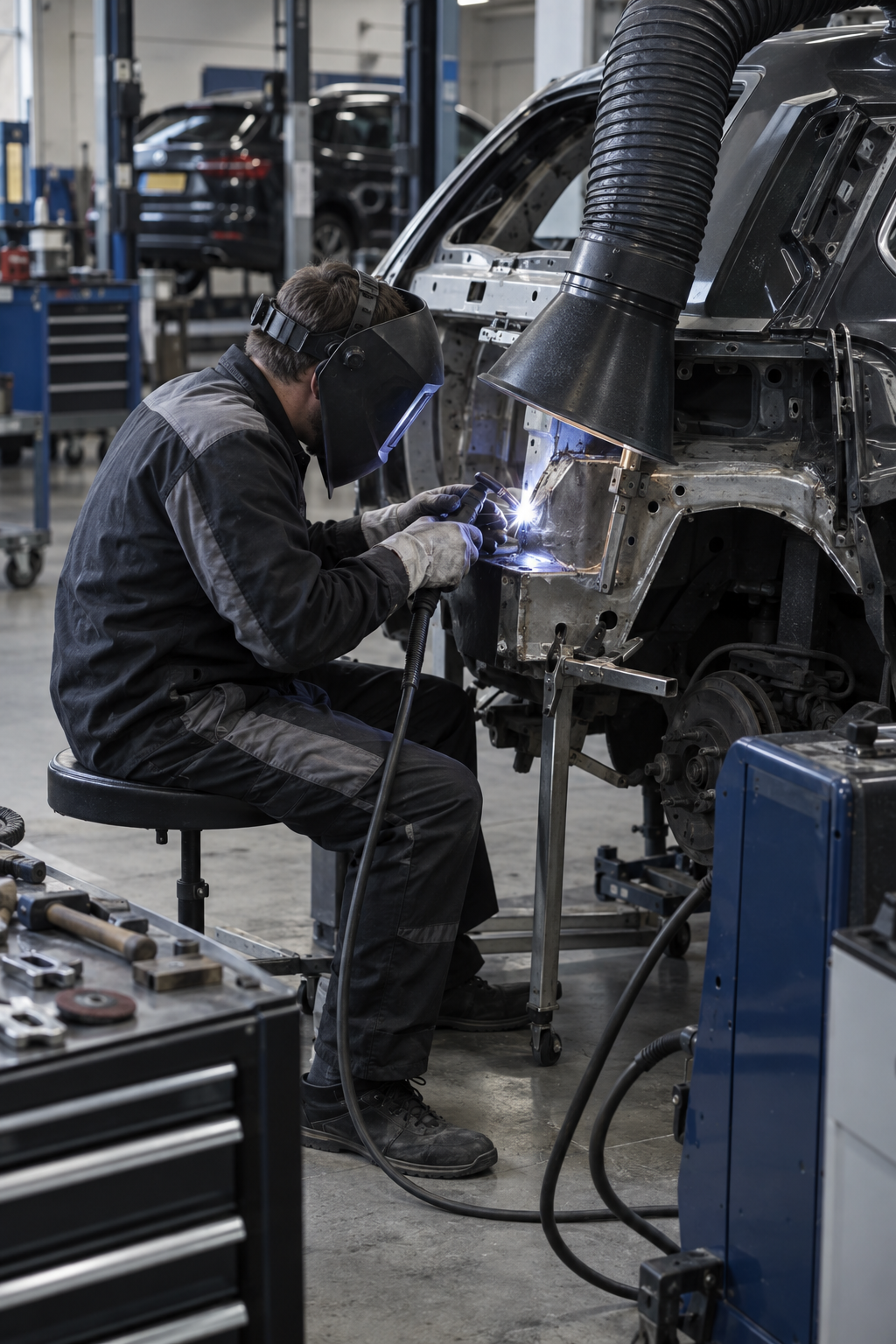 A mechanic wearing a welding helmet and gloves is welding part of a silver car frame in an auto repair shop.