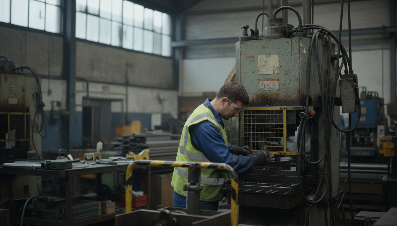 A worker in safety goggles, gloves, and a high-visibility vest operating a large industrial machine in a factory with high windows and metal shelves.