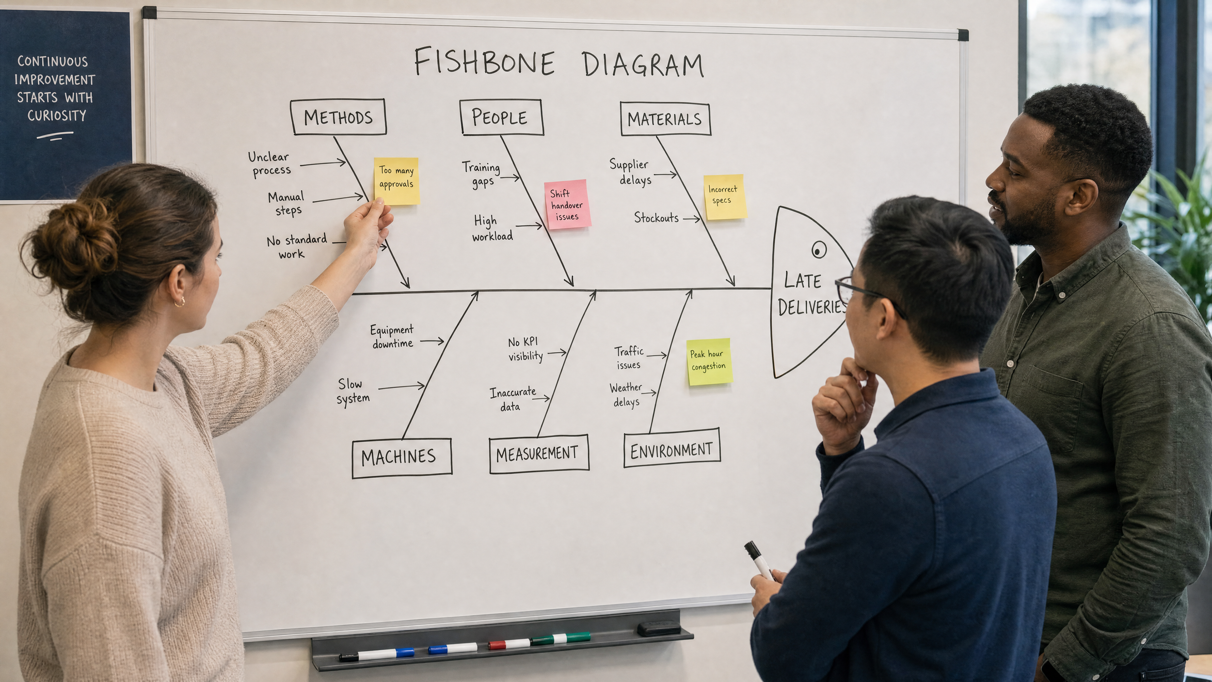 A group of three people discussing a whiteboard with a fishbone diagram on it, surrounded by sticky notes and various handwritten notes.