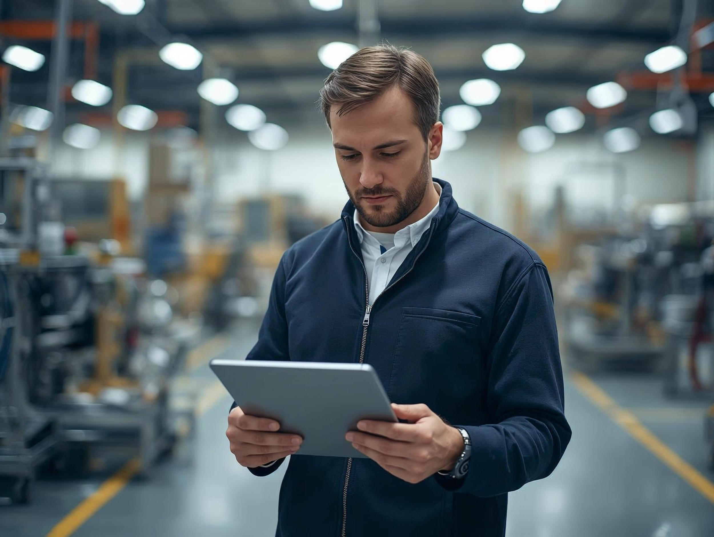 Manufacturing manager reviewing compliance and risk controls on the shopfloor