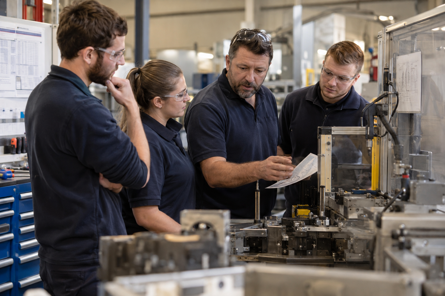 A group of four factory workers in safety glasses discussing machinery in an industrial setting.