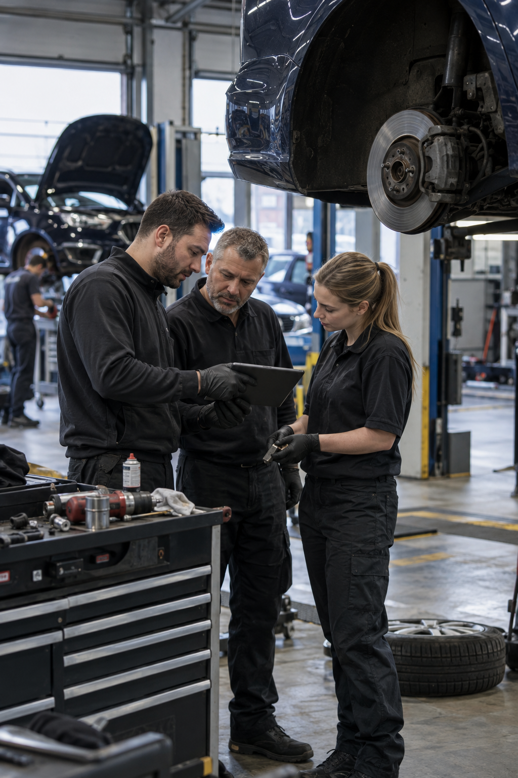 Three mechanics in black uniforms and gloves review a tablet in an auto repair shop with cars and tools around.