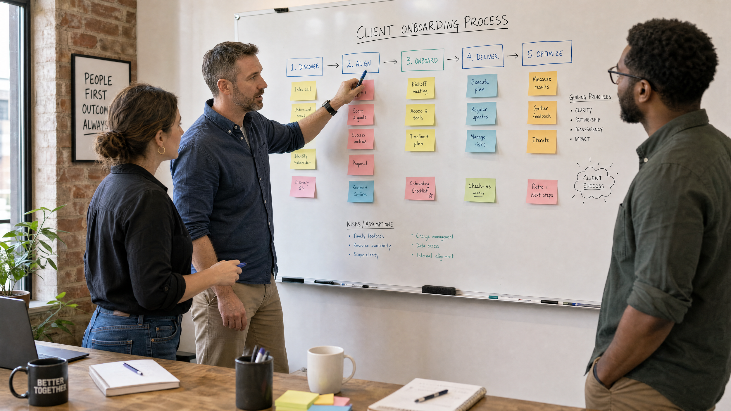 Three people in a meeting room discussing a flowchart on a whiteboard titled 'Client Onboarding Process'. The whiteboard has steps and notes written with colored sticky notes. There is a table with notebooks, pens, a coffee mug, and a plant nearby.