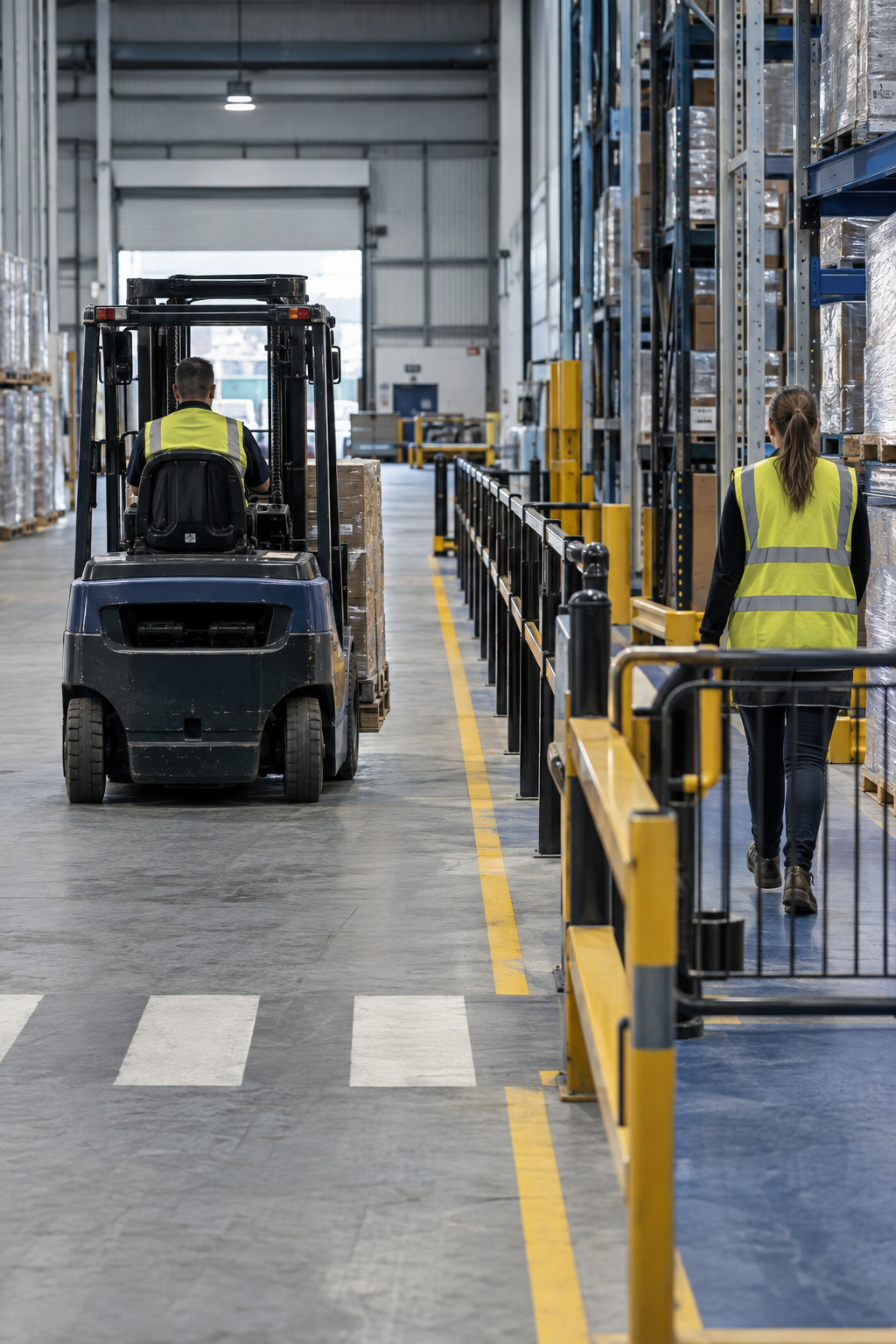 Warehouse worker on a forklift transporting pallets and a woman in a high-visibility vest walking along a safety barrier in a storage facility.