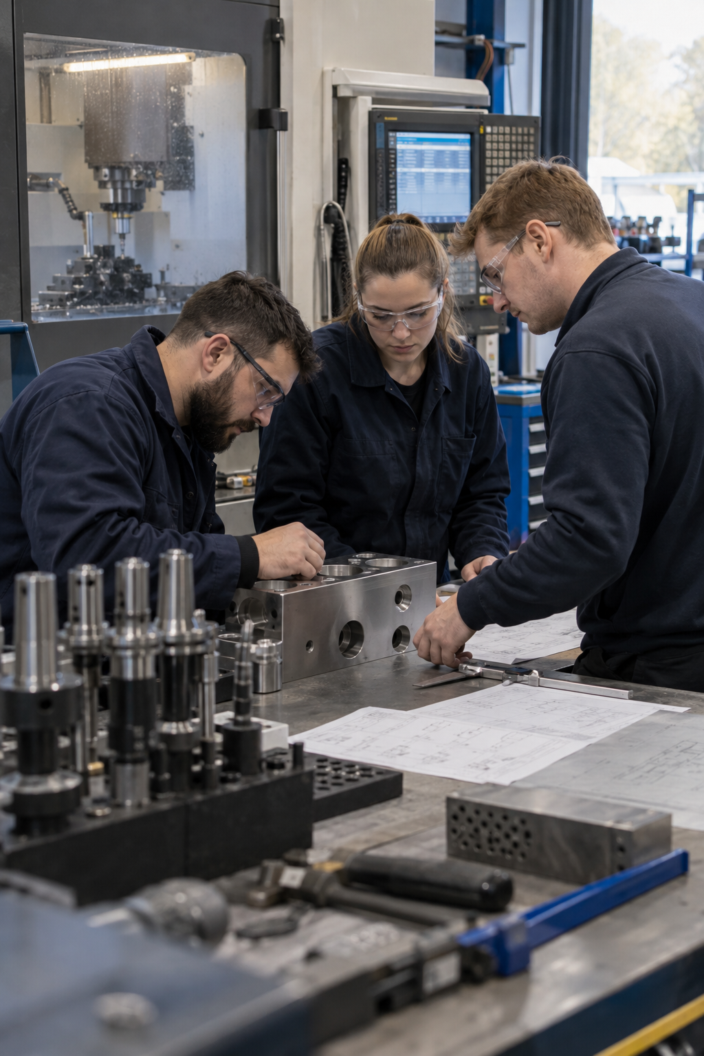Three people working on a machine part in an industrial setting, with technical drawings and tools on the table nearby.