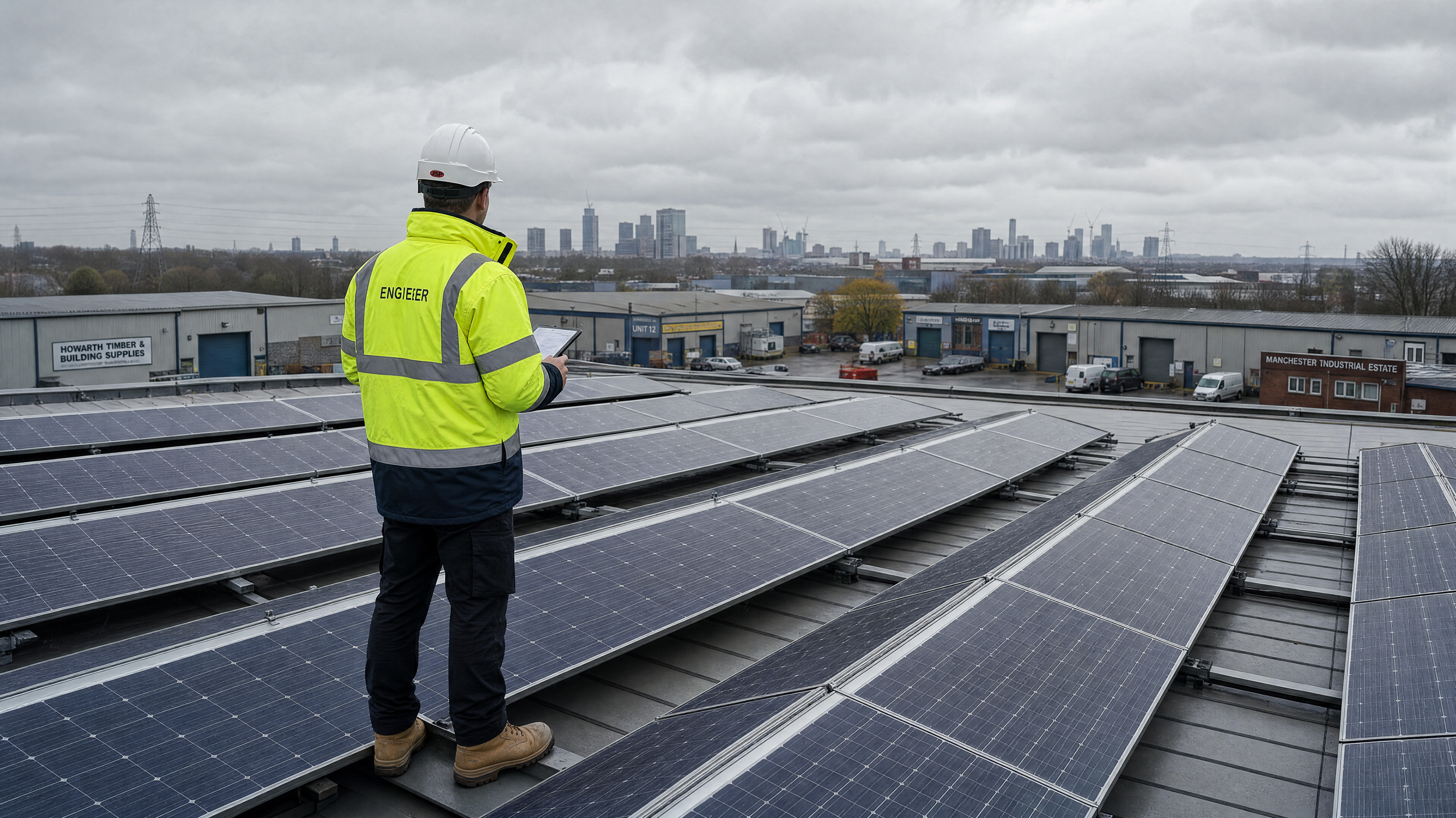 A worker wearing a high-visibility yellow jacket with 'ENGIEIER' on the back, a white helmet, and brown boots, inspecting solar panels on a rooftop while holding a tablet, with an overcast city skyline and industrial area in the background.