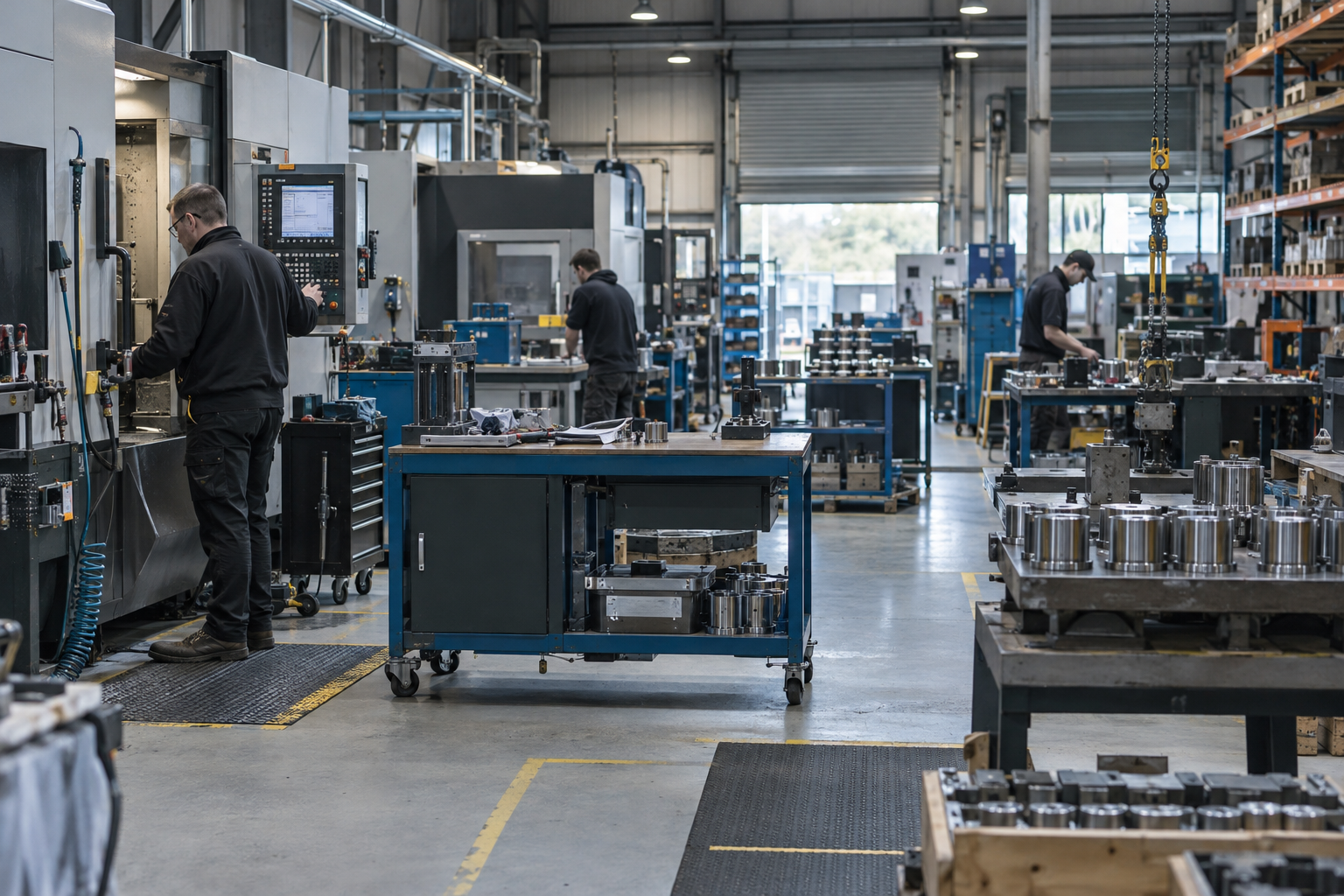 Manufacturing factory with workers operating machinery and handling metal parts in a spacious, well-lit industrial environment.