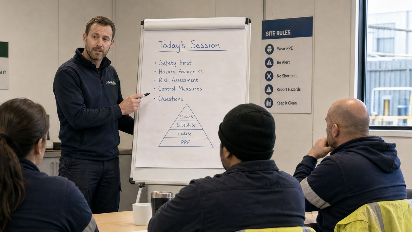 A man leading a safety training session in a meeting room with three seated participants, a flip chart with agenda points, and site rules poster on the wall.