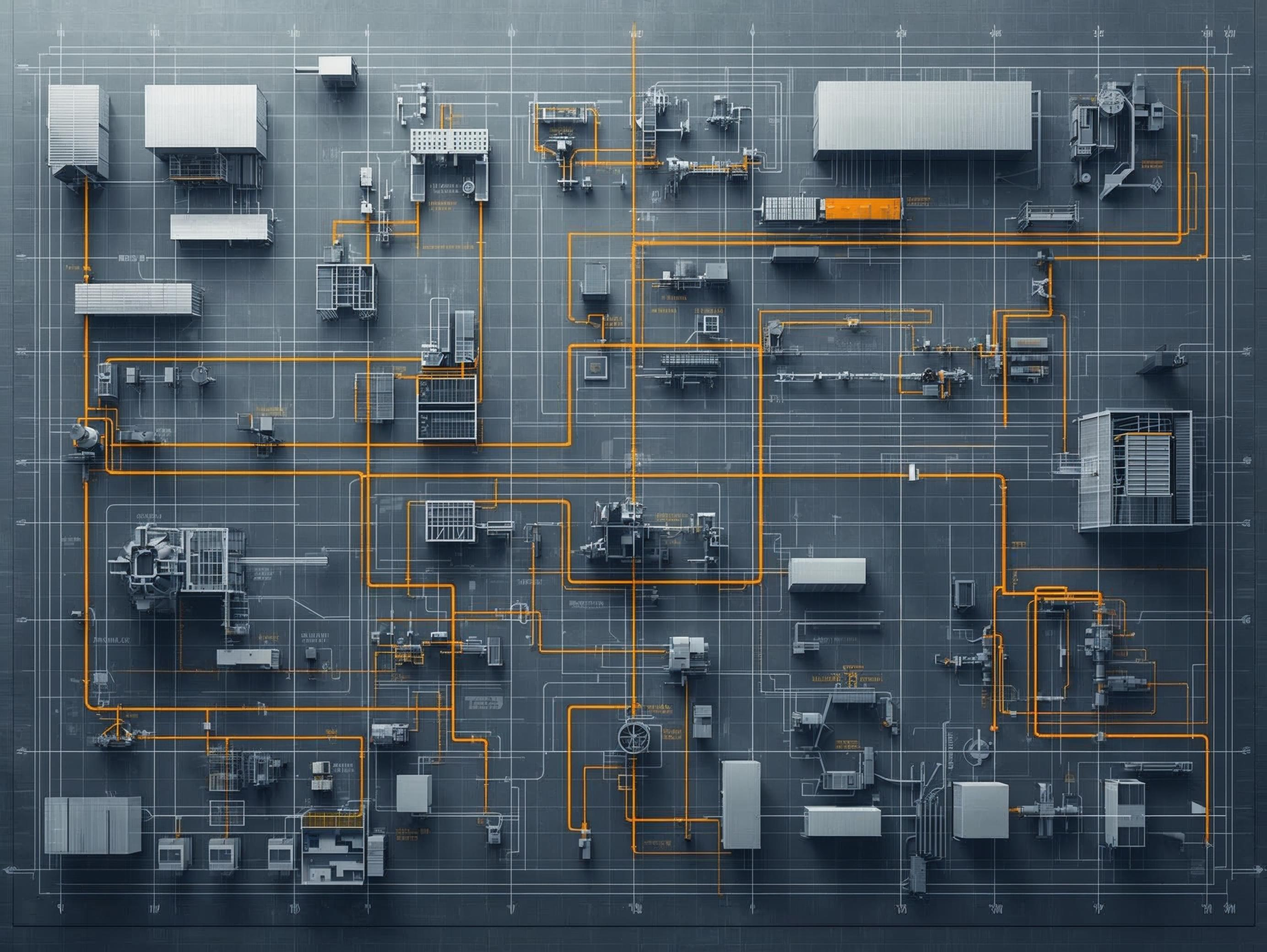 Overhead view of aligned operational processes representing an integrated management system in a manufacturing setting