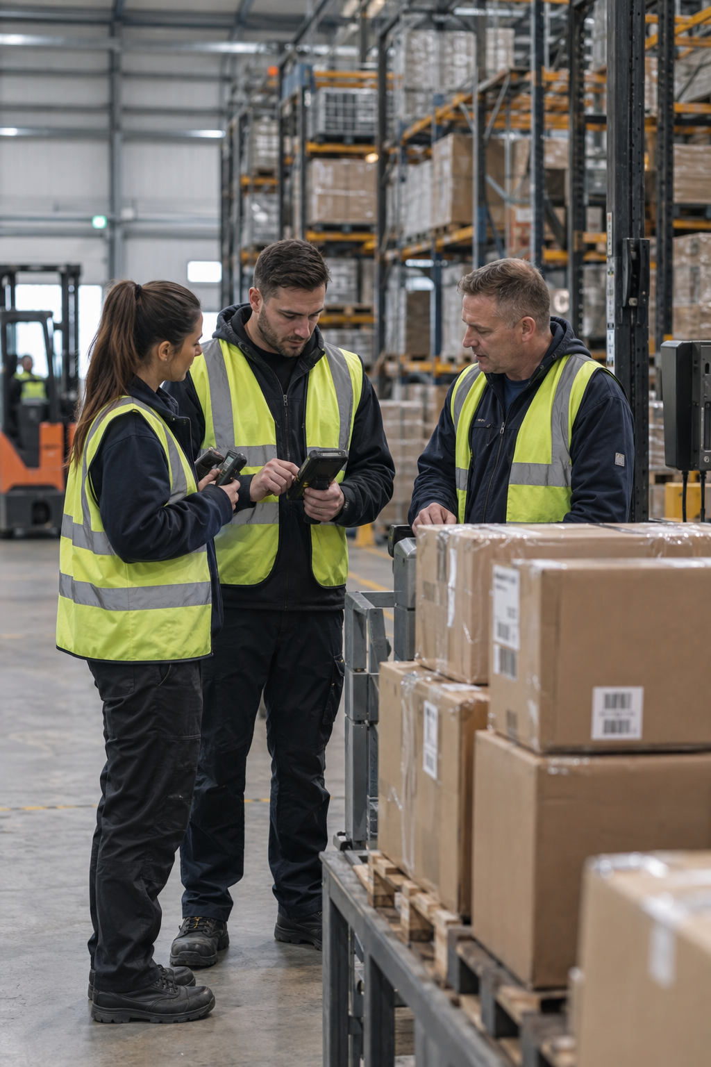Three warehouse workers in high-visibility vests and work clothes reviewing inventory or shipment data, standing beside stacks of cardboard boxes on pallets in a large storage facility.